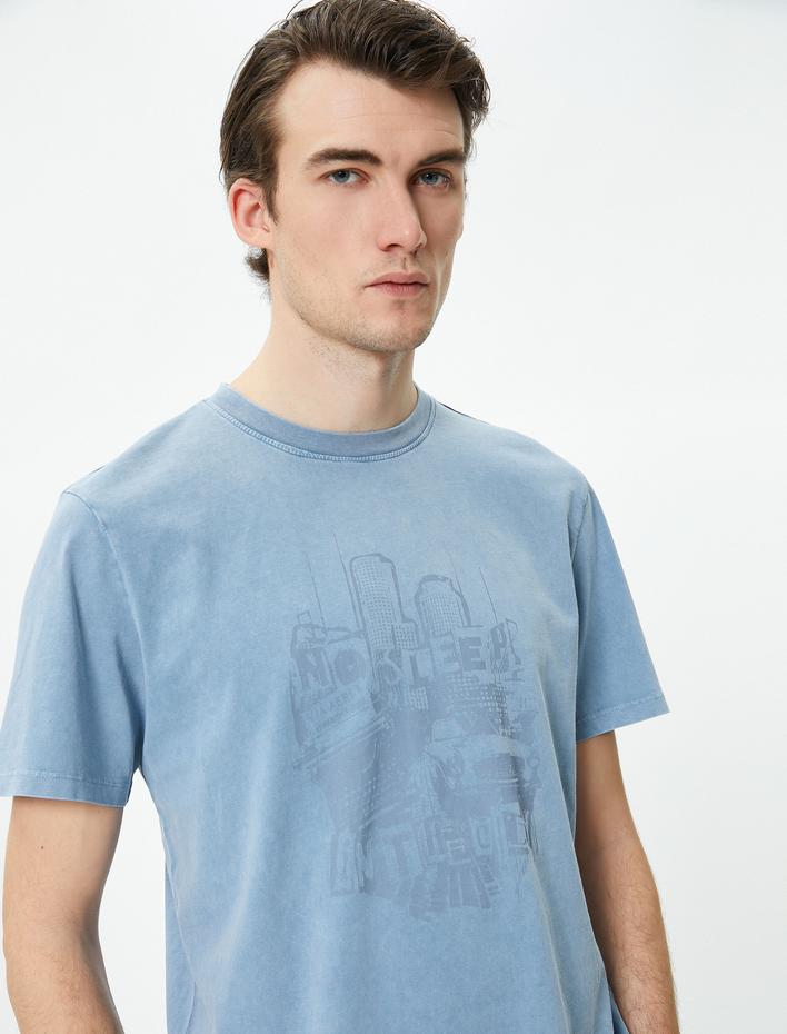  Baskılı Tişört Yıkamalı Bisiklet Yaka Kısa Kollu