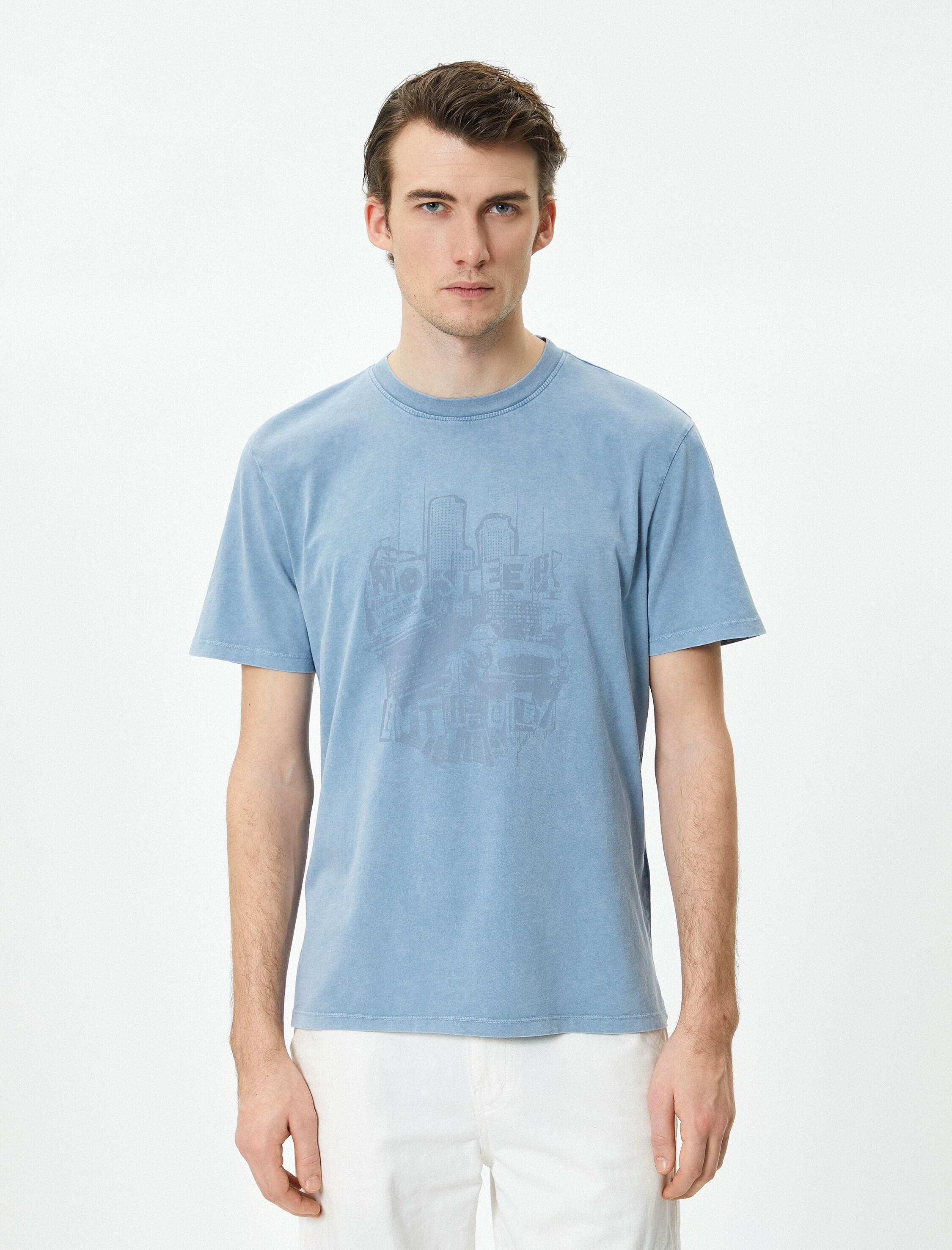   Baskılı Tişört Yıkamalı Bisiklet Yaka Kısa Kollu