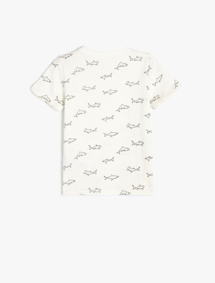 Erkek Çocuk Tişört Köpekbalığı Baskılı Kısa Kollu Bisiklet Yaka Pamuklu