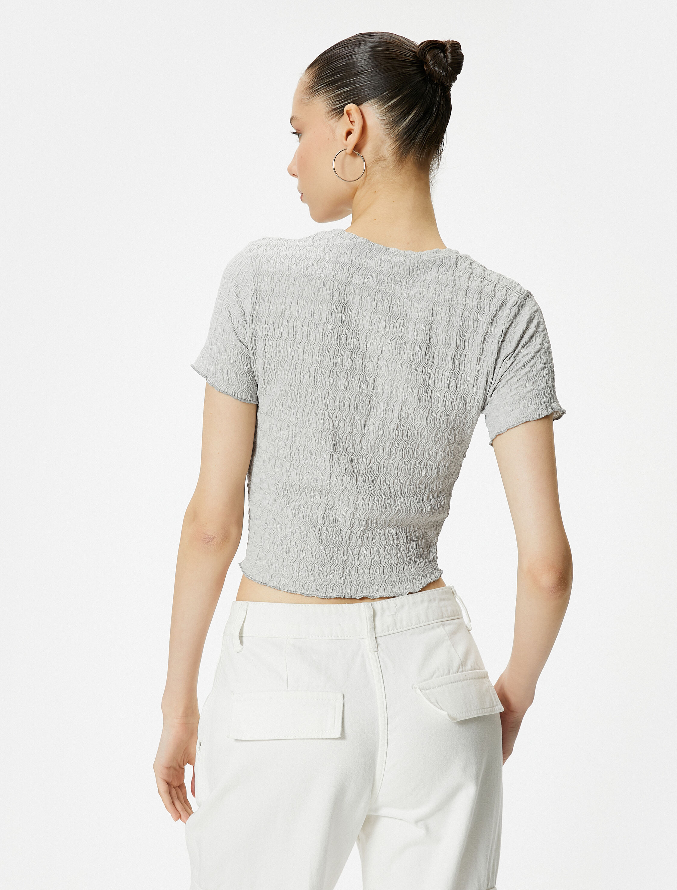   Dokulu Crop Tişört Kısa Kollu Bisiklet Yaka Slim Fit Bürümcük