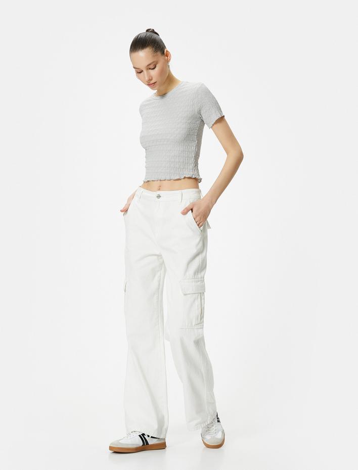  Dokulu Crop Tişört Kısa Kollu Bisiklet Yaka Slim Fit Bürümcük