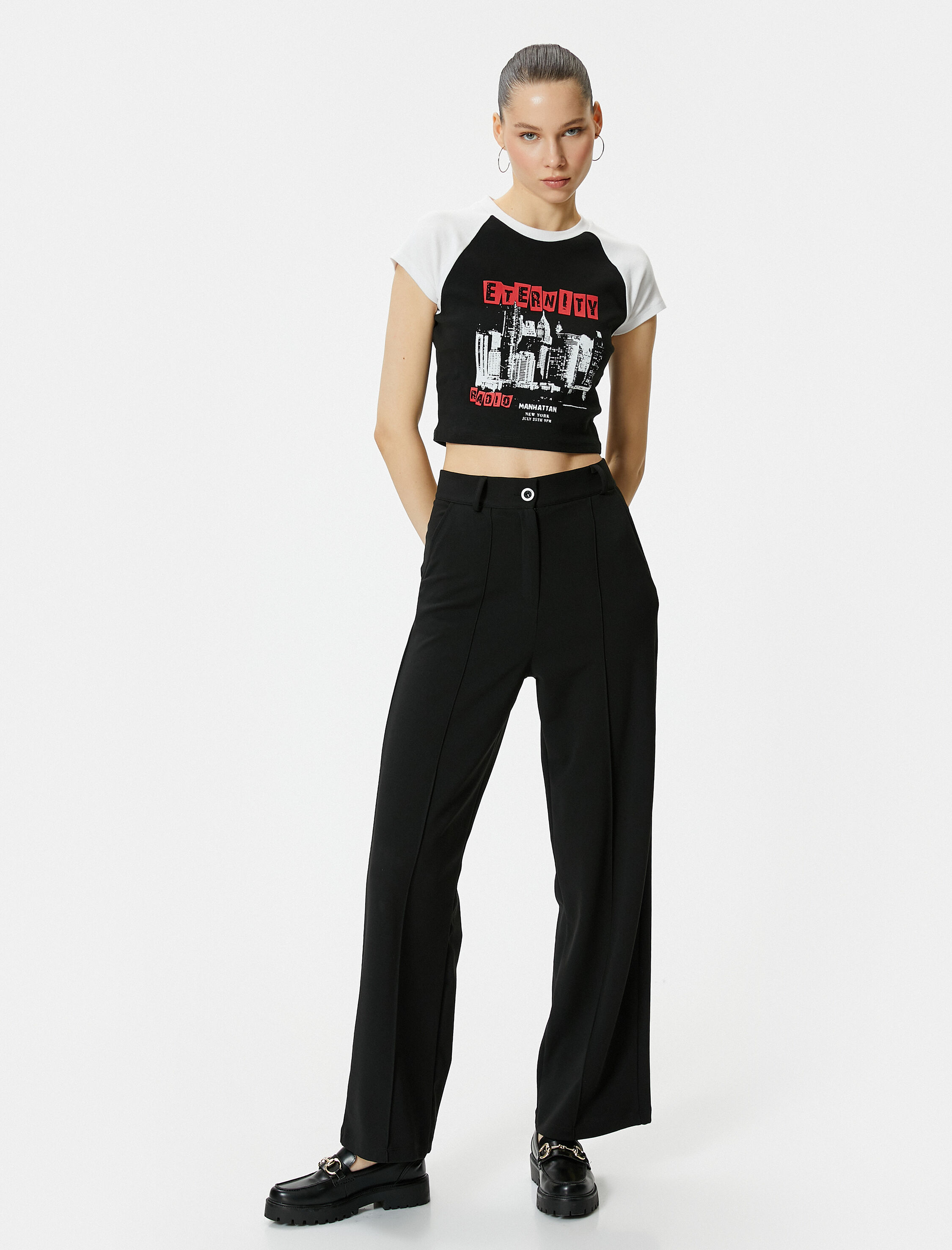   Kumaş Pantolon Yüksek Bel Geniş Paça Rahat Kalıp Nervürlü Cepli