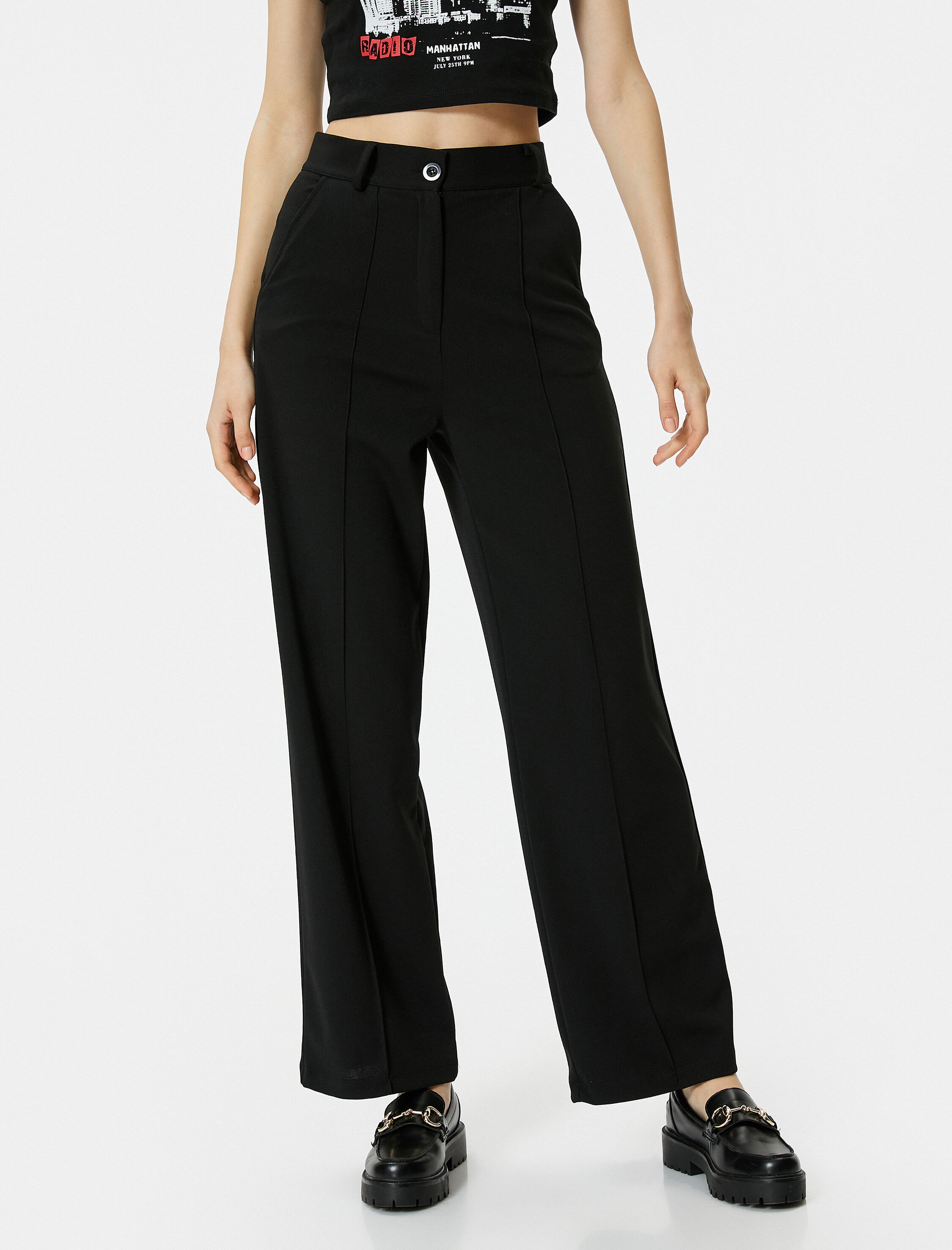   Kumaş Pantolon Yüksek Bel Geniş Paça Rahat Kalıp Nervürlü Cepli