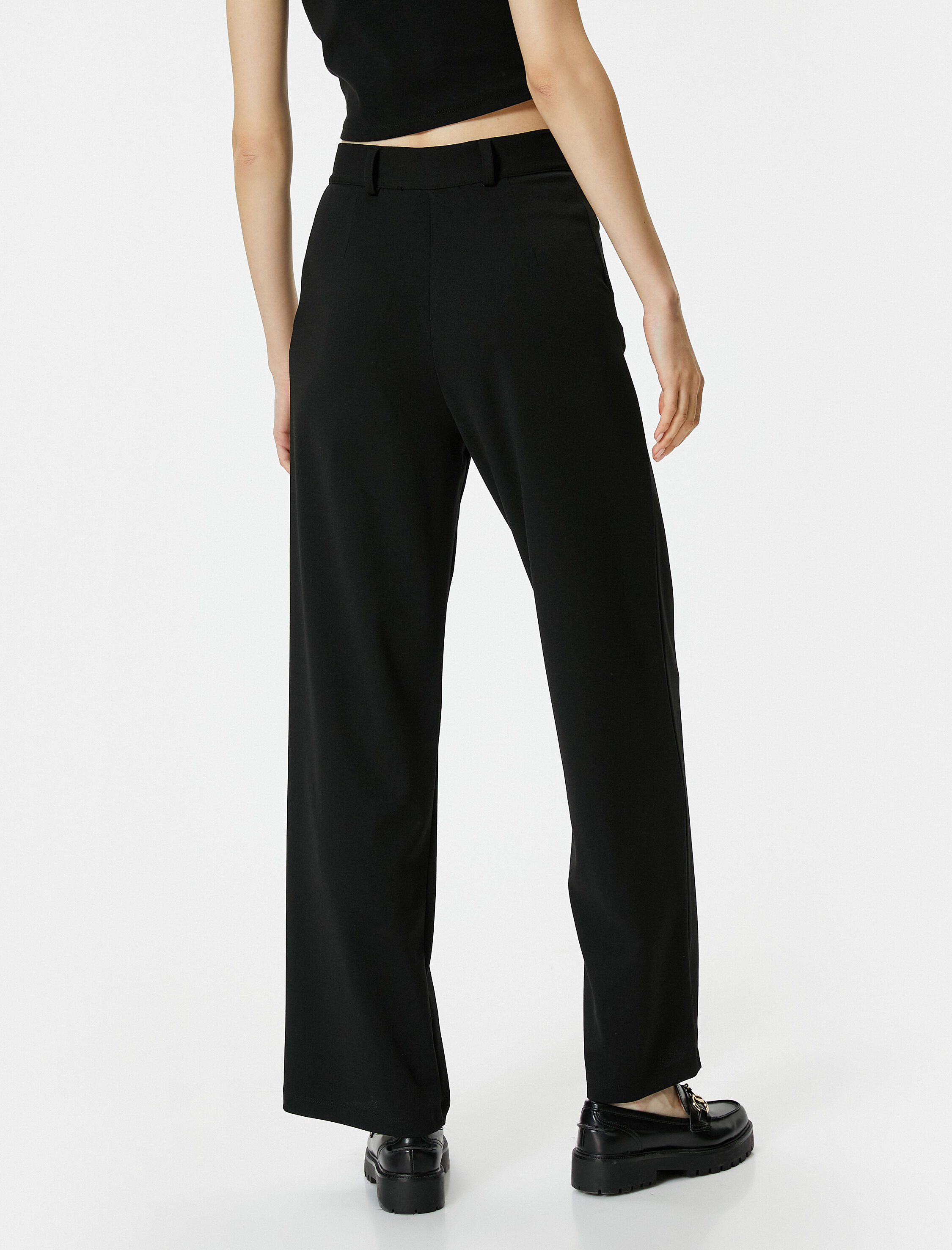   Kumaş Pantolon Yüksek Bel Geniş Paça Rahat Kalıp Nervürlü Cepli