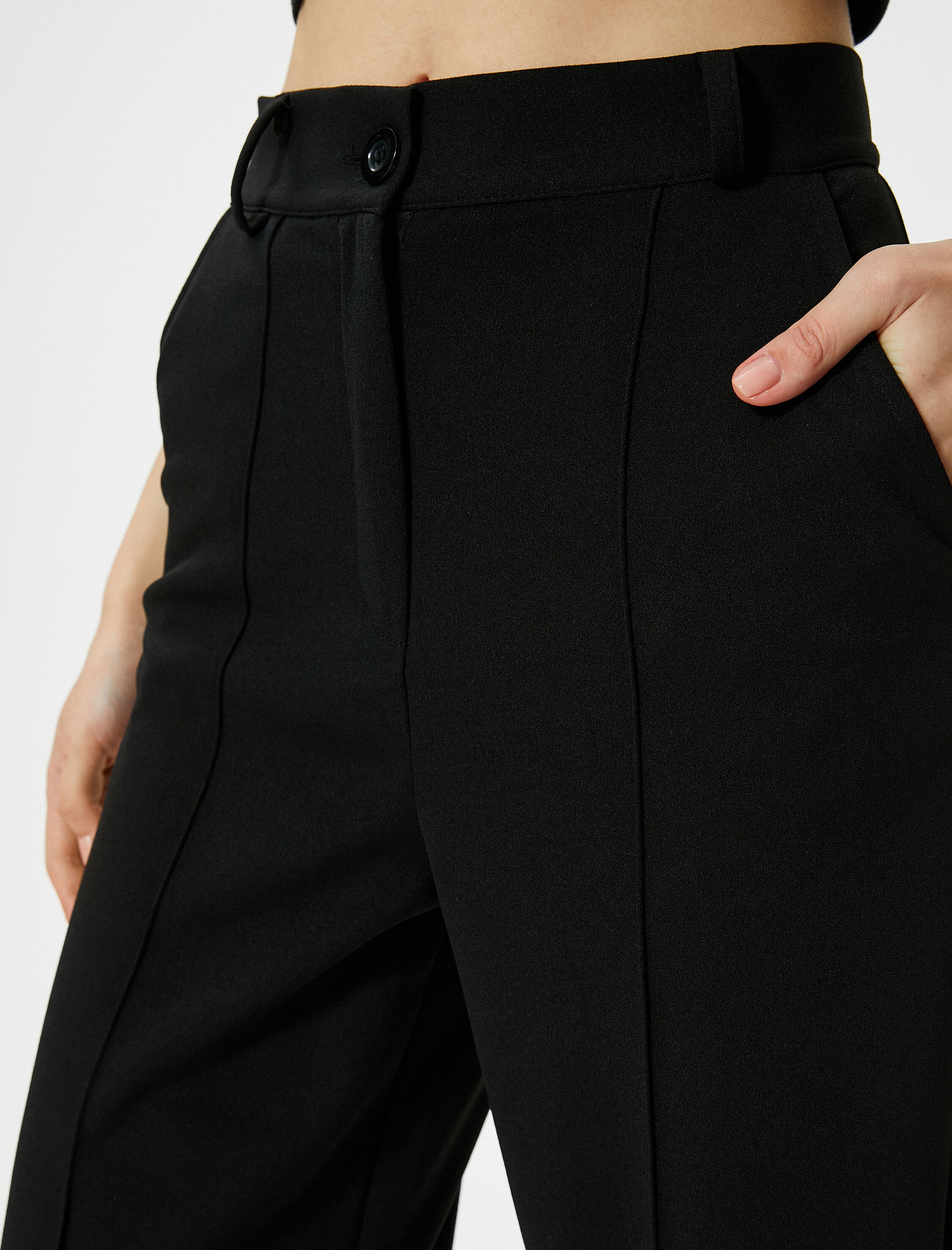   Kumaş Pantolon Yüksek Bel Geniş Paça Rahat Kalıp Nervürlü Cepli