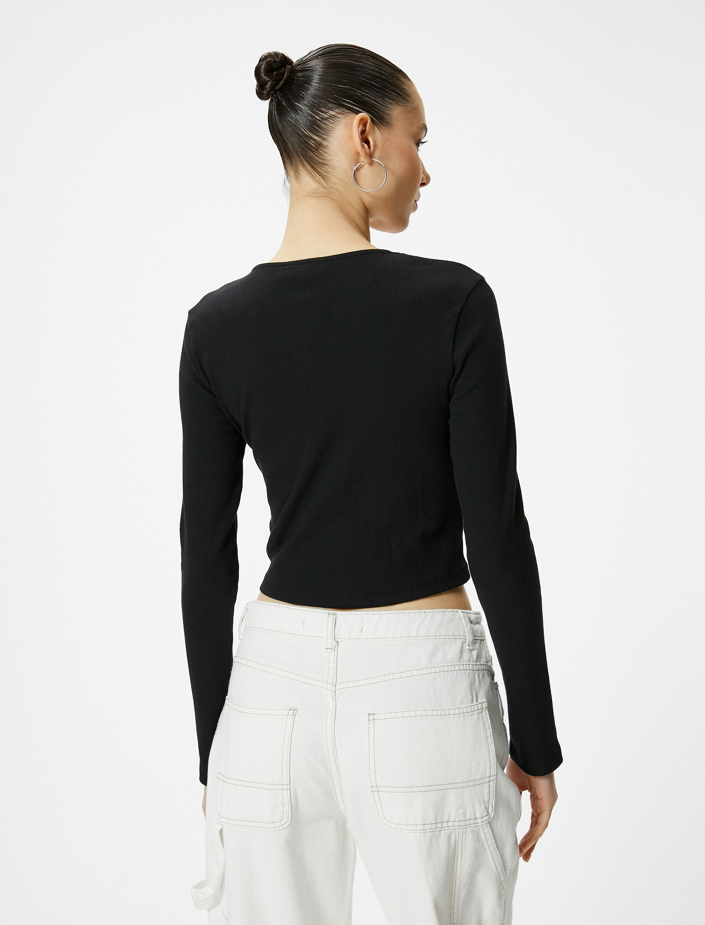   Bağlamalı Yaka Tişört Crop Baskılı Uzun Kollu Pamuklu