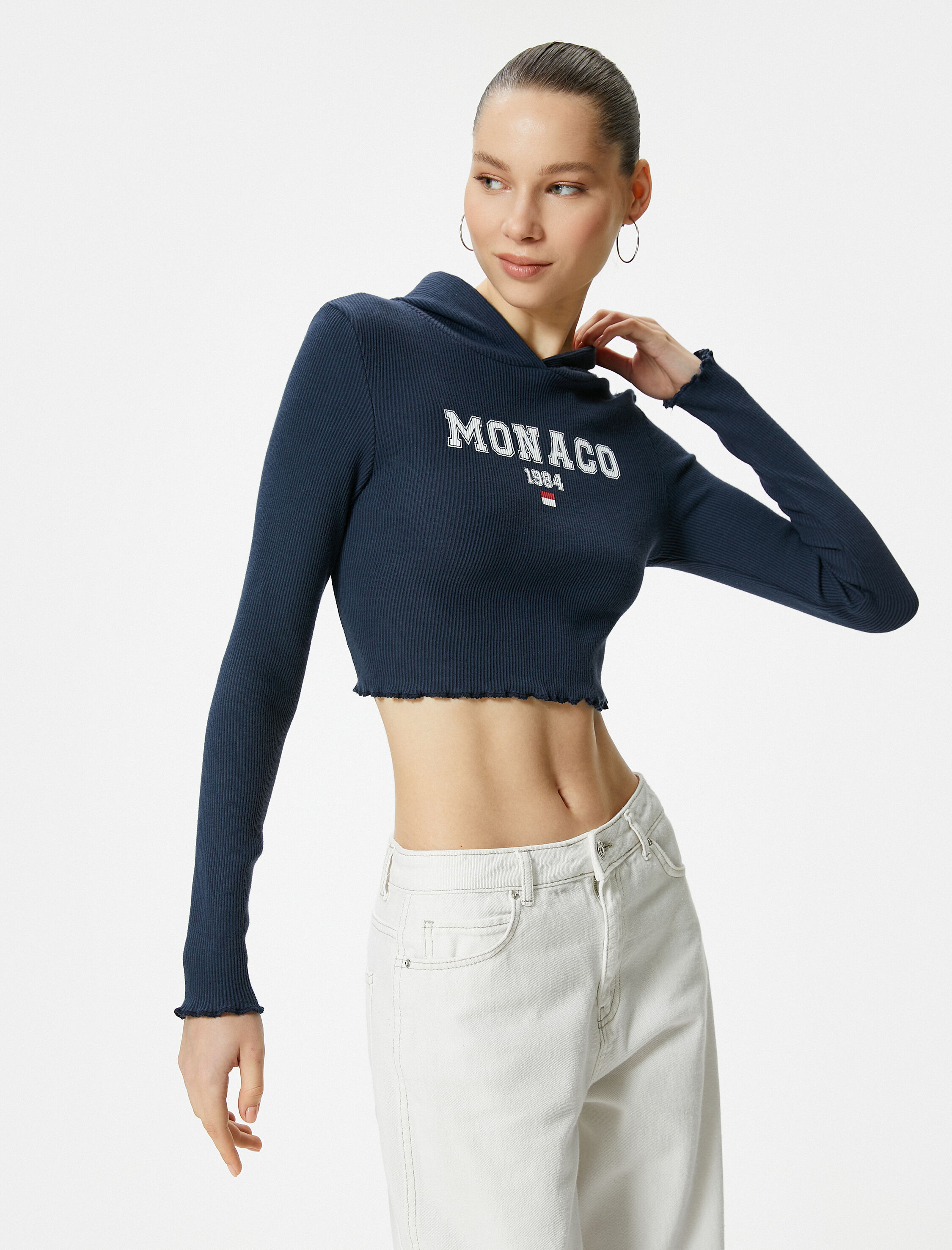   Crop Kapüşonlu Tişört Uzun Kollu Baskılı Ribanalı Pamuklu