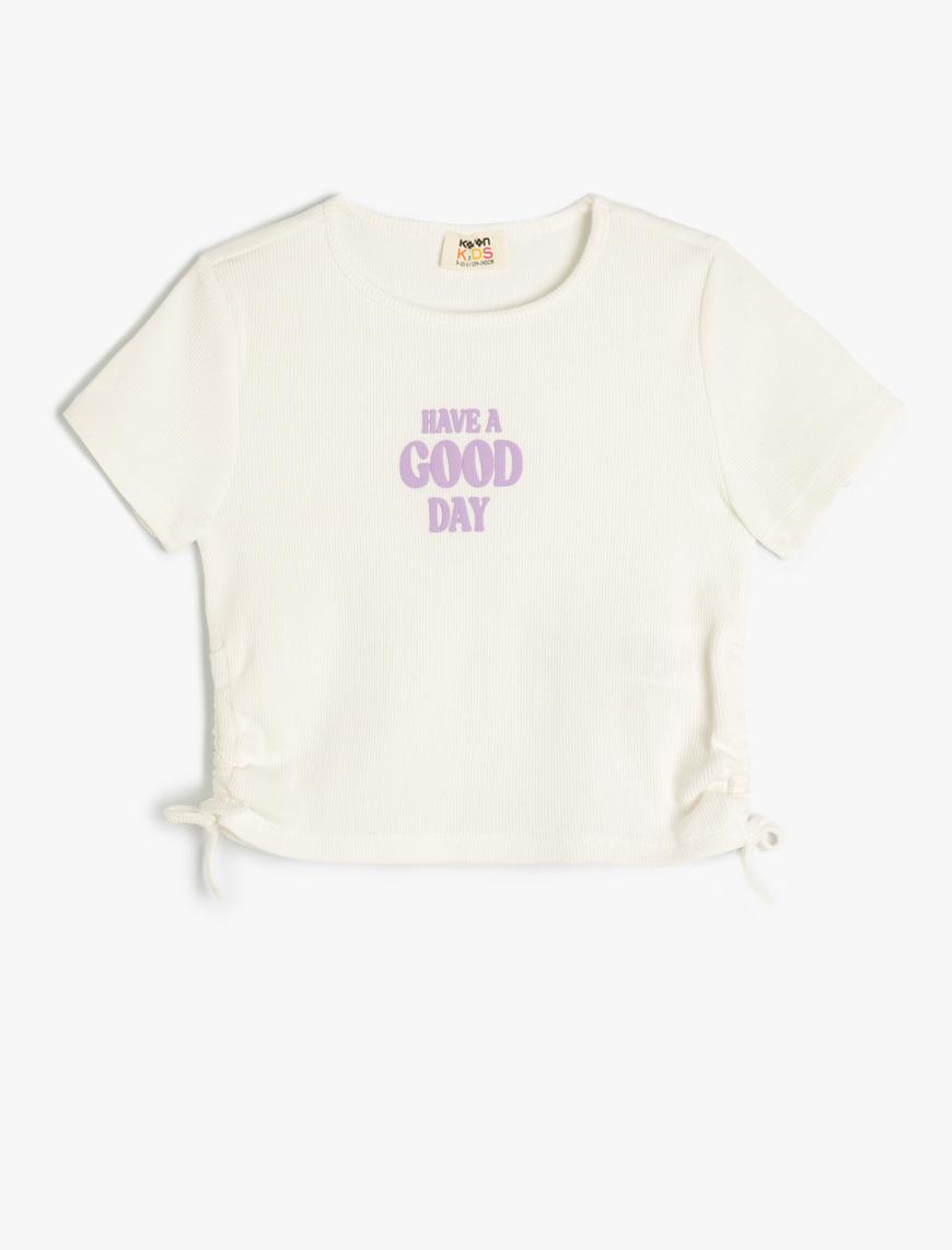  Kız Çocuk Crop Tişört Yanları Büzgülü Kısa Kollu Baskılı Yuvarlak Yaka