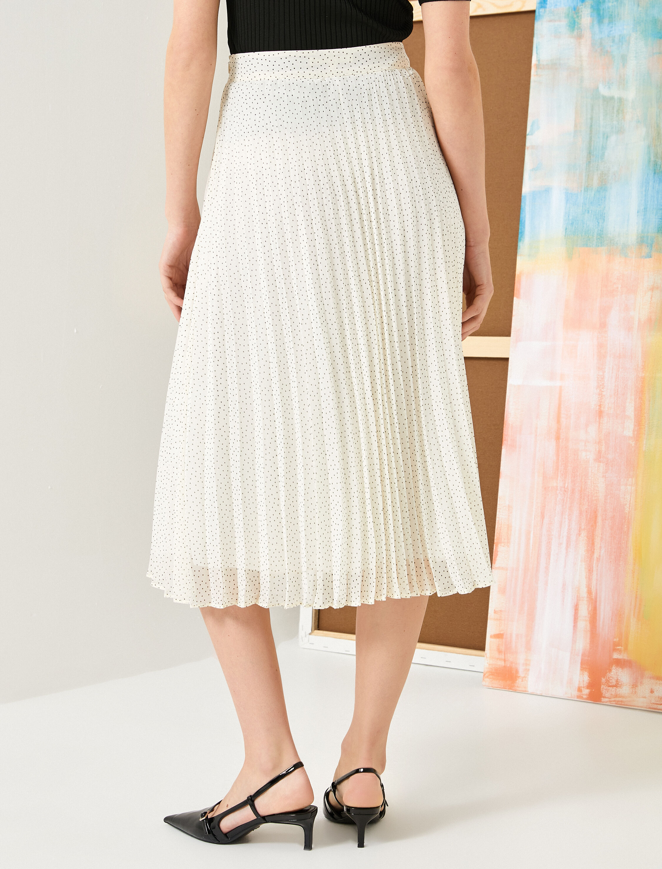   Pileli Midi Etek Puantiyeli Yüksek Bel