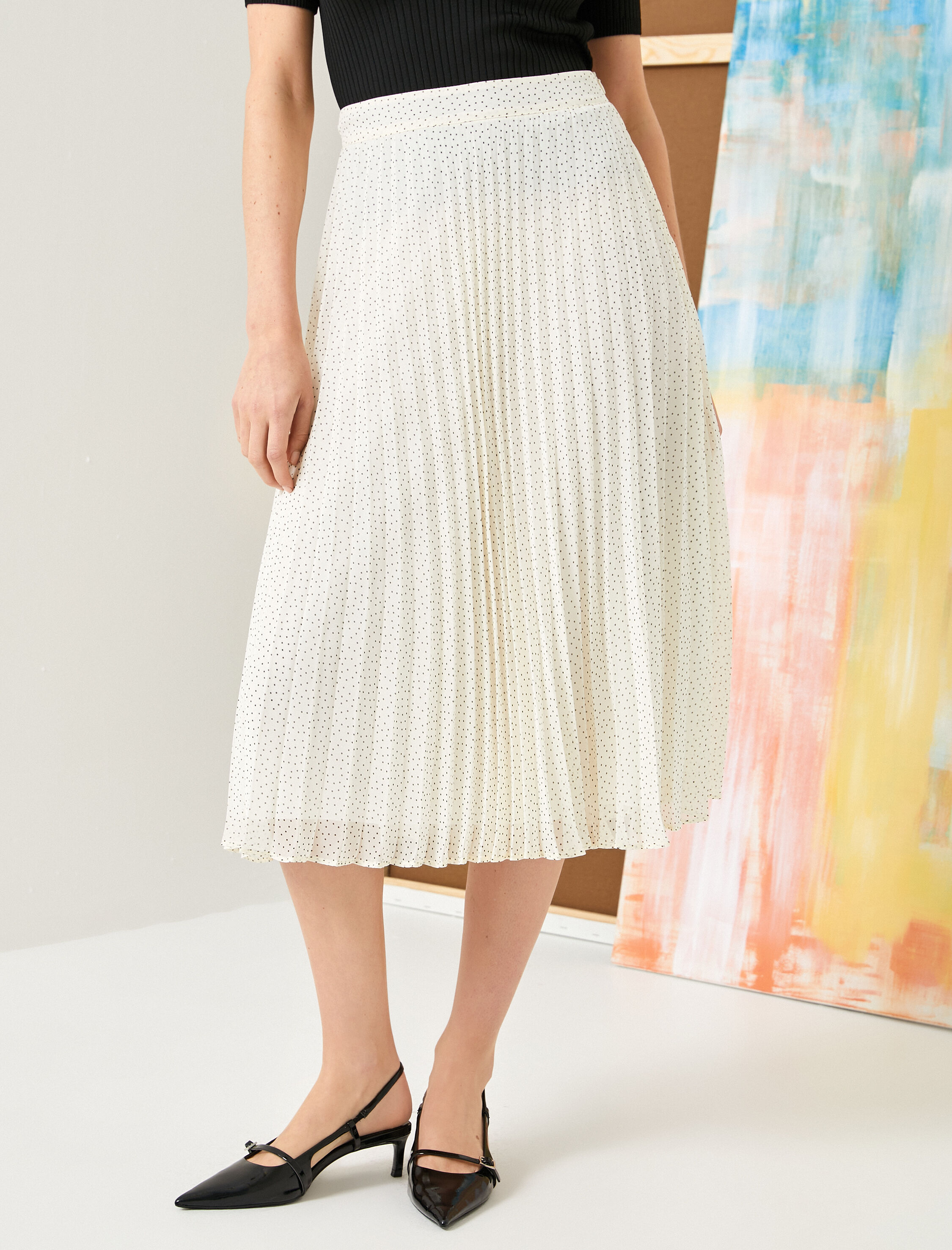   Pileli Midi Etek Puantiyeli Yüksek Bel