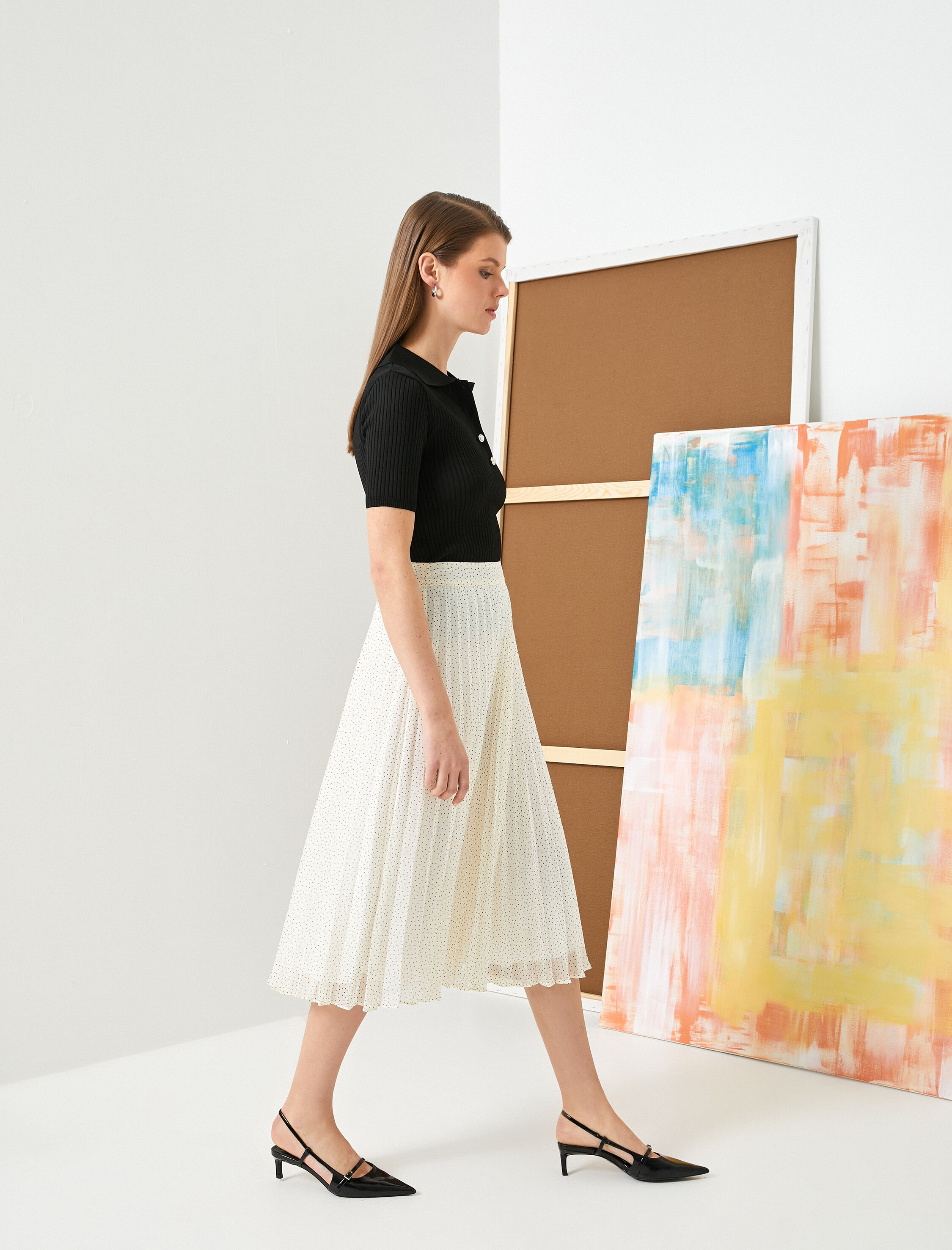   Pileli Midi Etek Puantiyeli Yüksek Bel