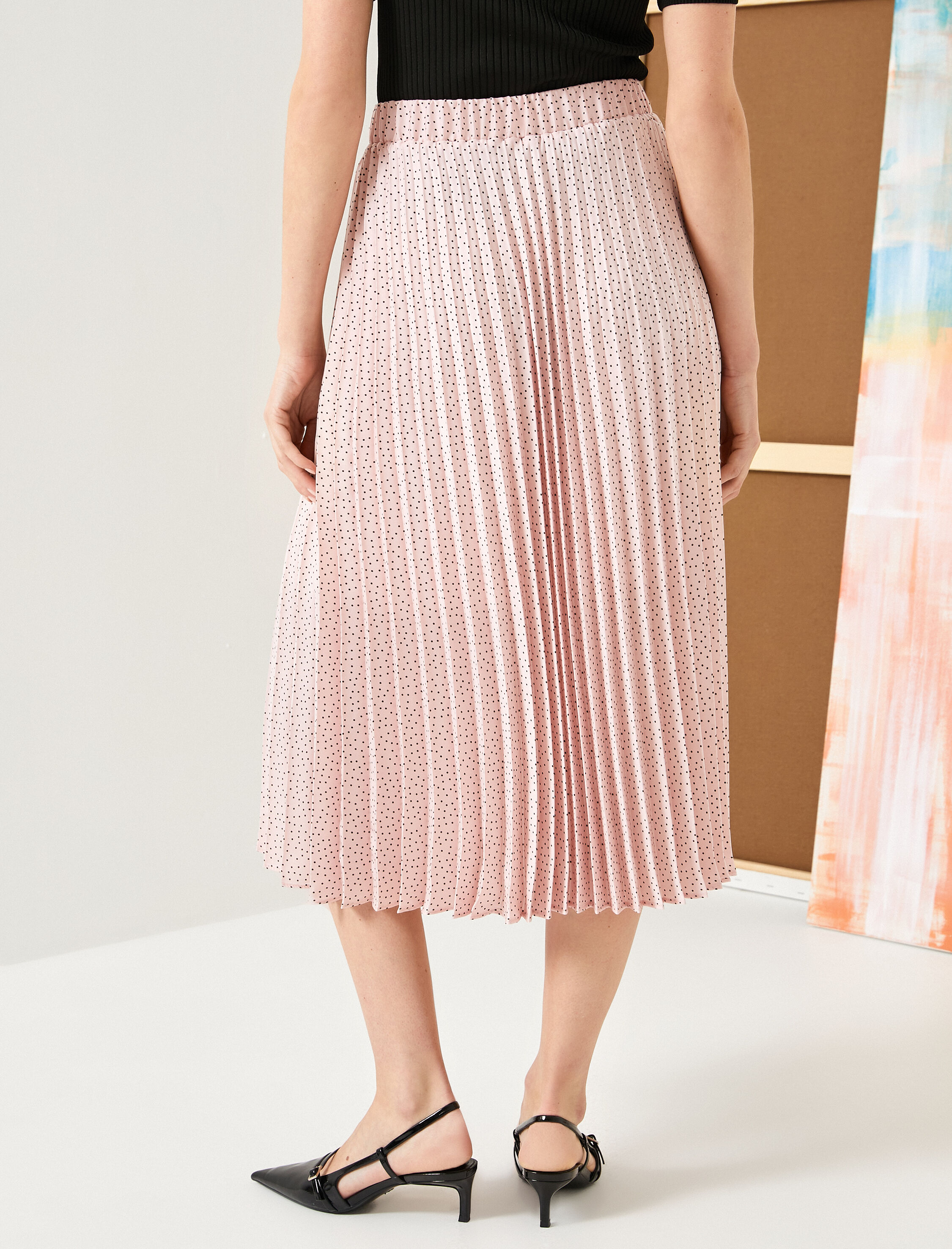   Pileli Midi Etek Puantiyeli Normal Bel