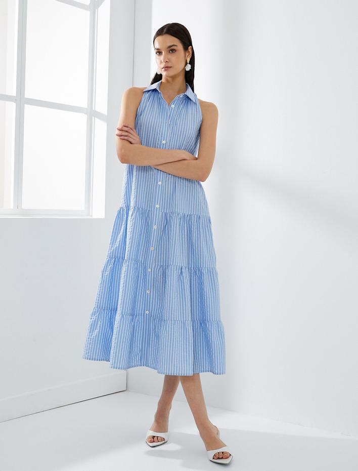  Midi Gömlek Elbise Düğmeli Kolsuz