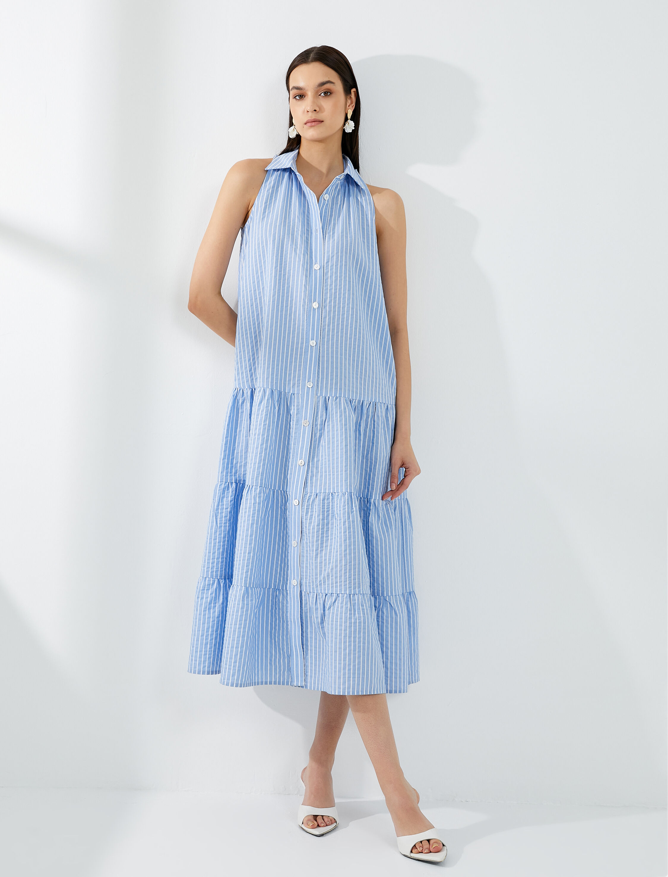   Midi Gömlek Elbise Düğmeli Kolsuz