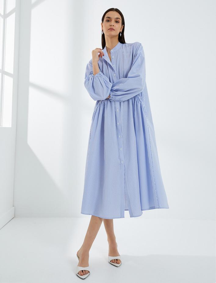  Midi Gömlek Elbise Hakim Yaka Balon Kollu