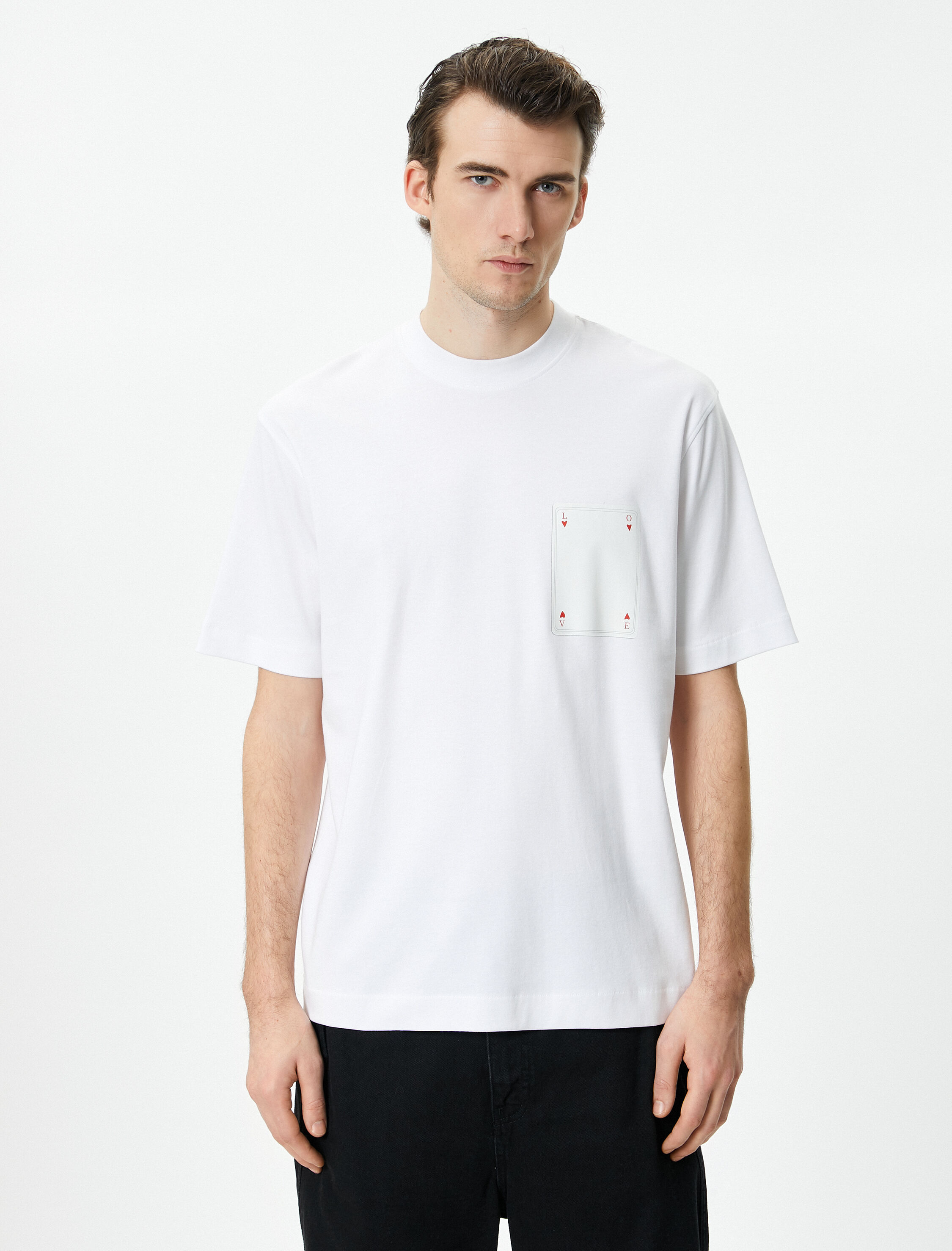   Oversize Tişört Kalp Baskılı Bisiklet Yaka Kısa Kollu