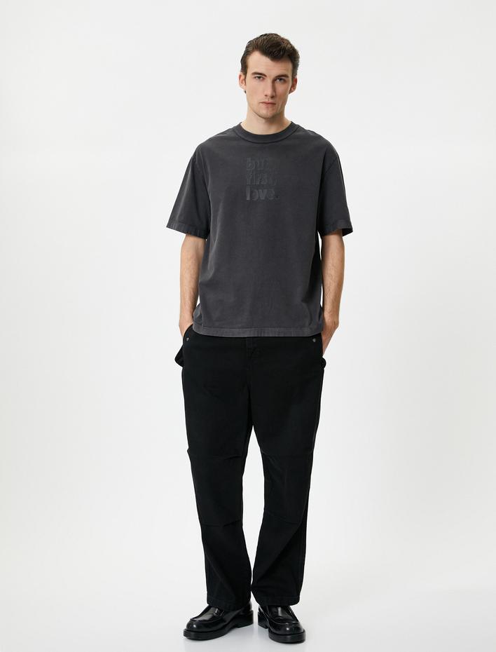  Oversize Tişört Yıkamalı Slogan Baskılı Bisiklet Yaka Kısa Kollu