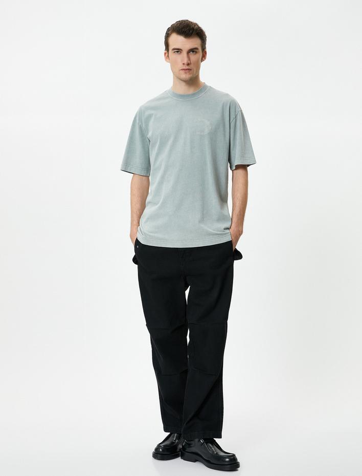  Oversize Tişört Yıkamalı Ay İşlemeli Bisiklet Yaka Kısa Kollu