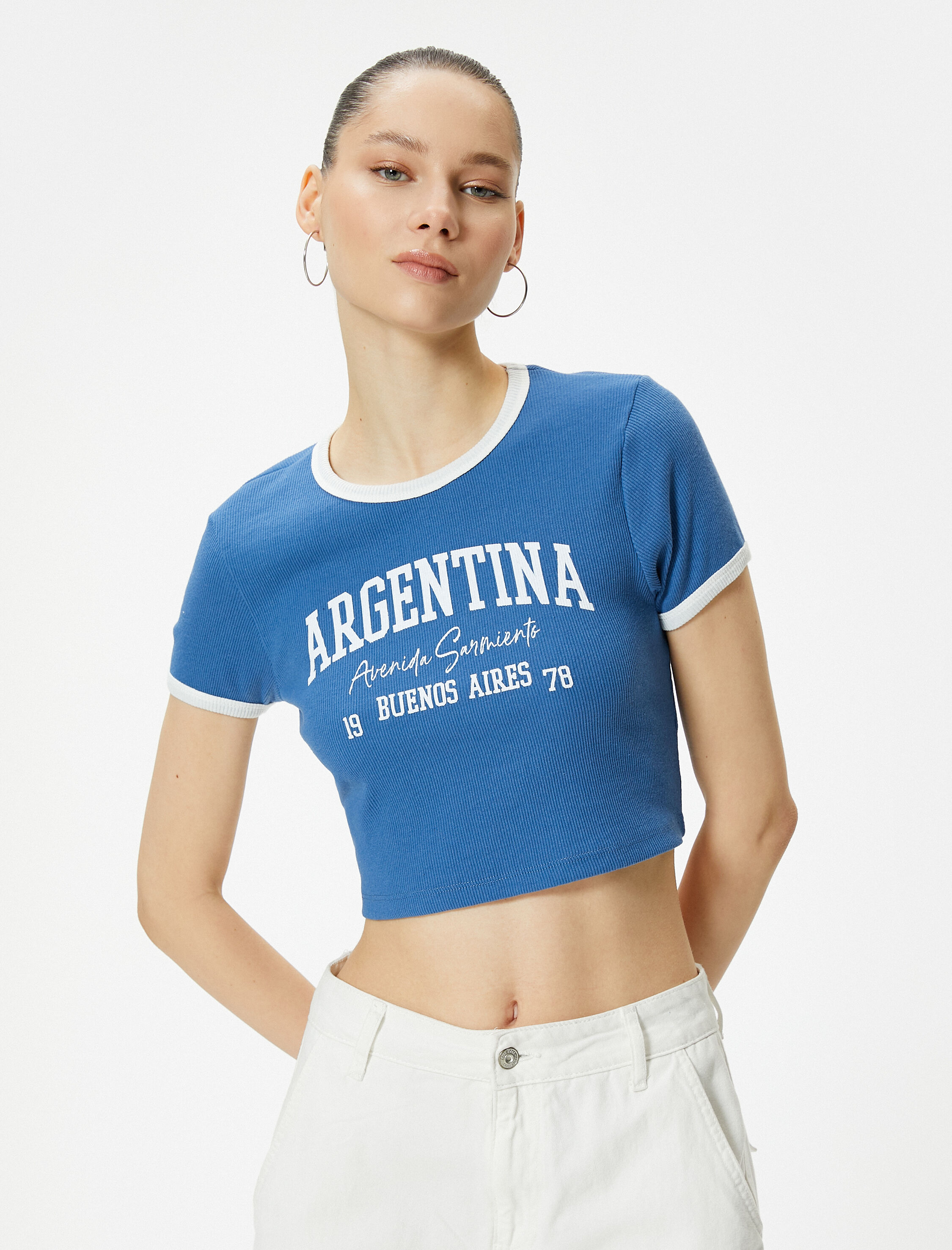   Argentina Crop Tişört Biyeli Baskılı Kısa Kollu Bisiklet Yaka Pamuklu