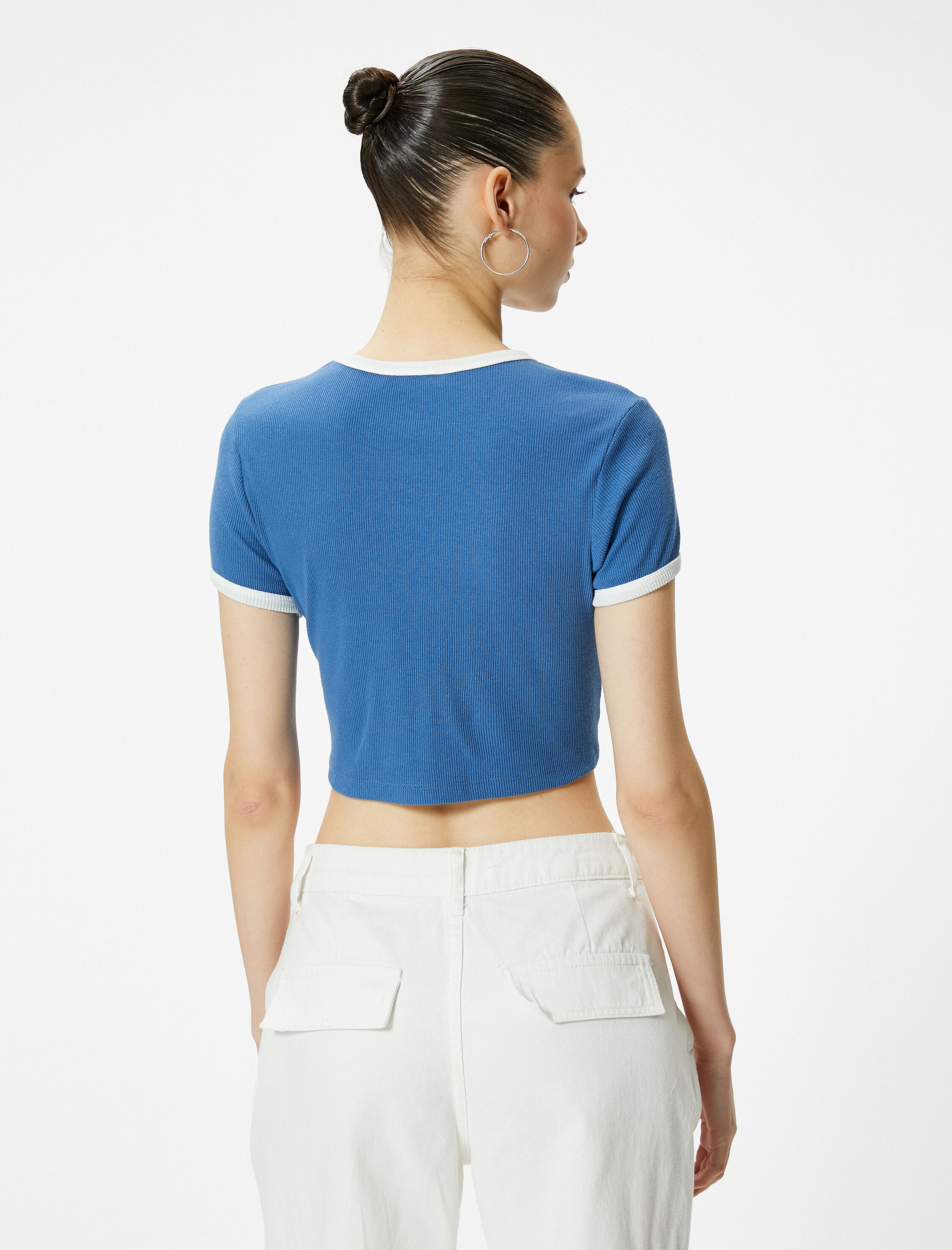   Argentina Crop Tişört Biyeli Baskılı Kısa Kollu Bisiklet Yaka Pamuklu