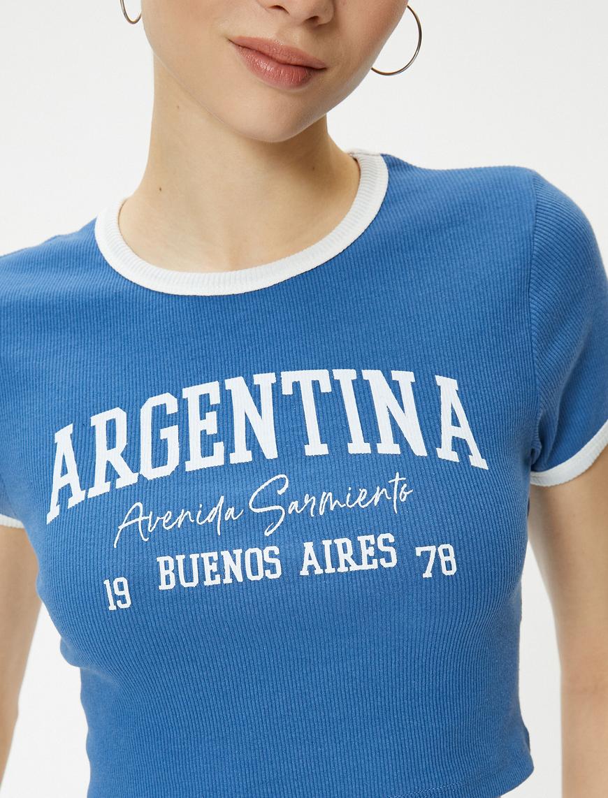   Argentina Crop Tişört Biyeli Baskılı Kısa Kollu Bisiklet Yaka Pamuklu
