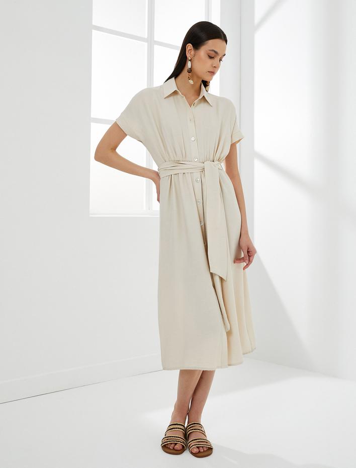  Midi Gömlek Elbise Beli Kuşaklı Düğmeli