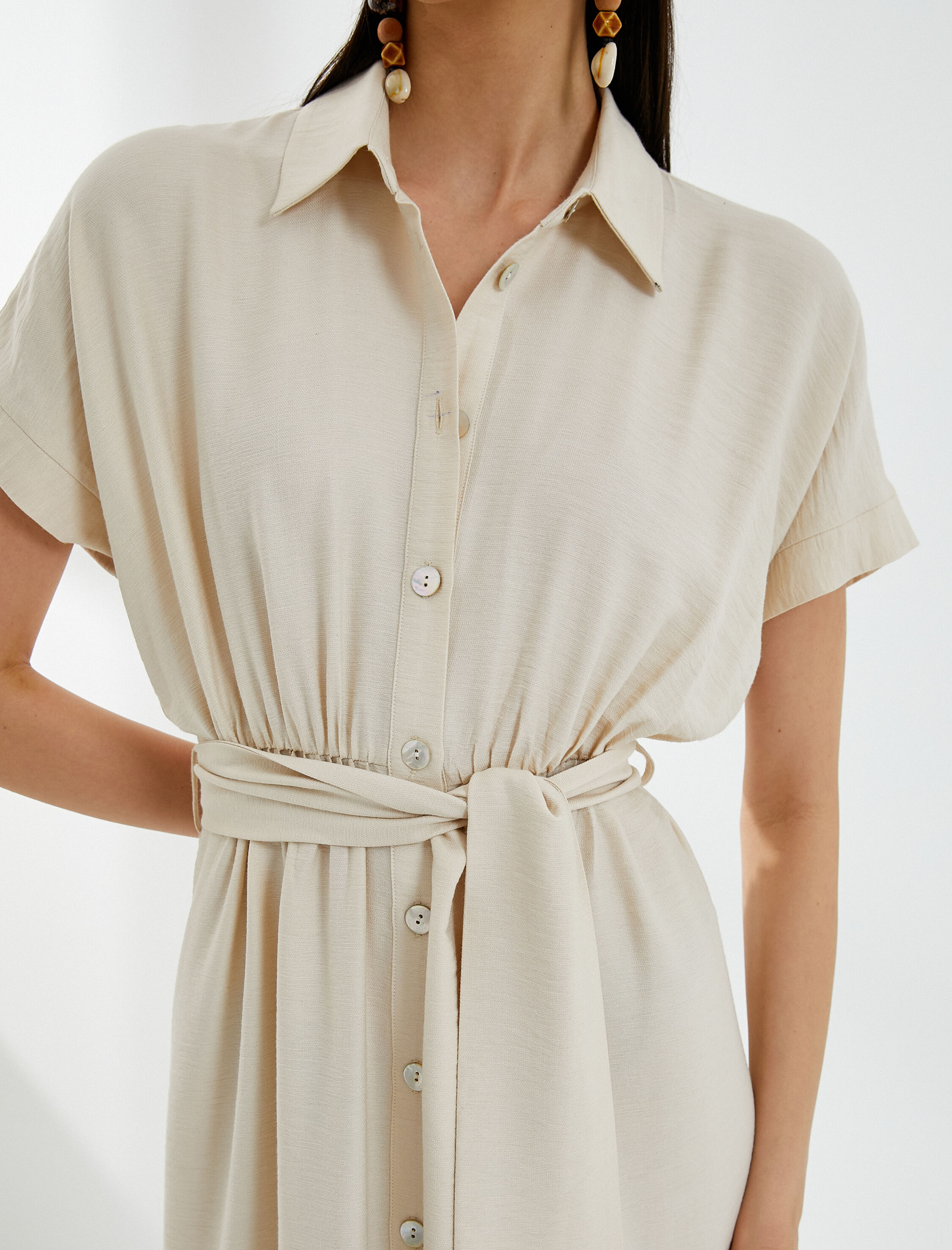   Midi Gömlek Elbise Beli Kuşaklı Düğmeli