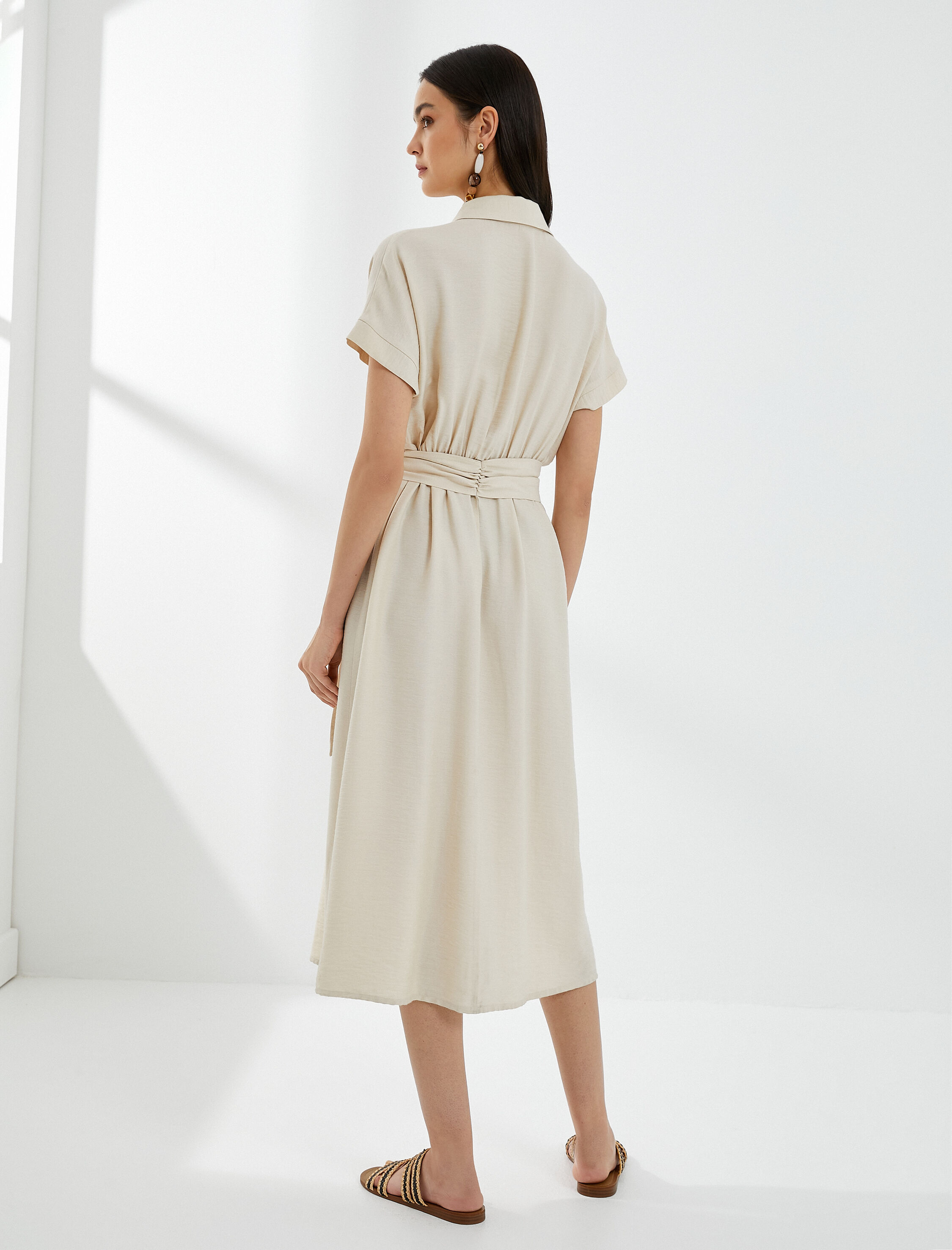   Midi Gömlek Elbise Beli Kuşaklı Düğmeli