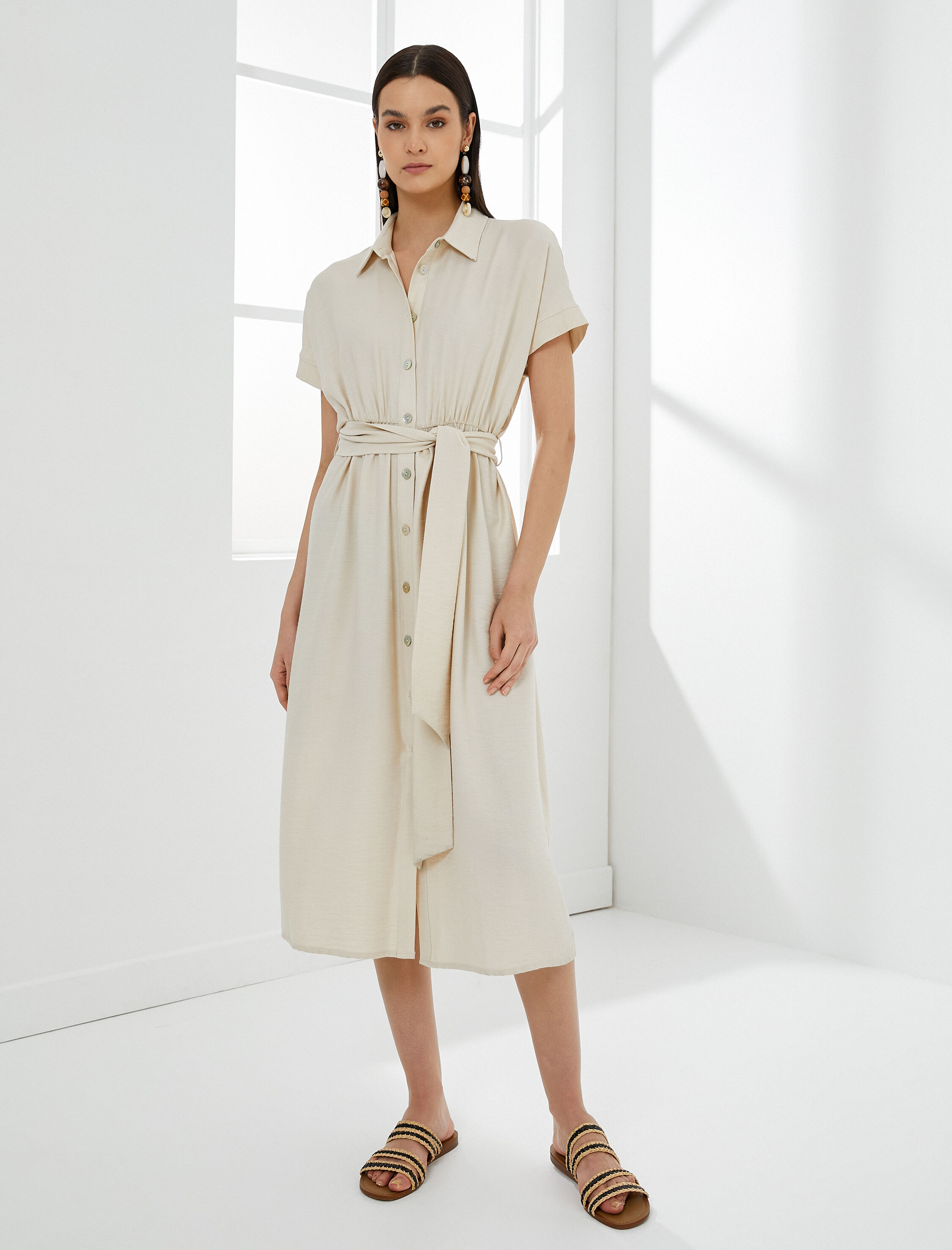   Midi Gömlek Elbise Beli Kuşaklı Düğmeli