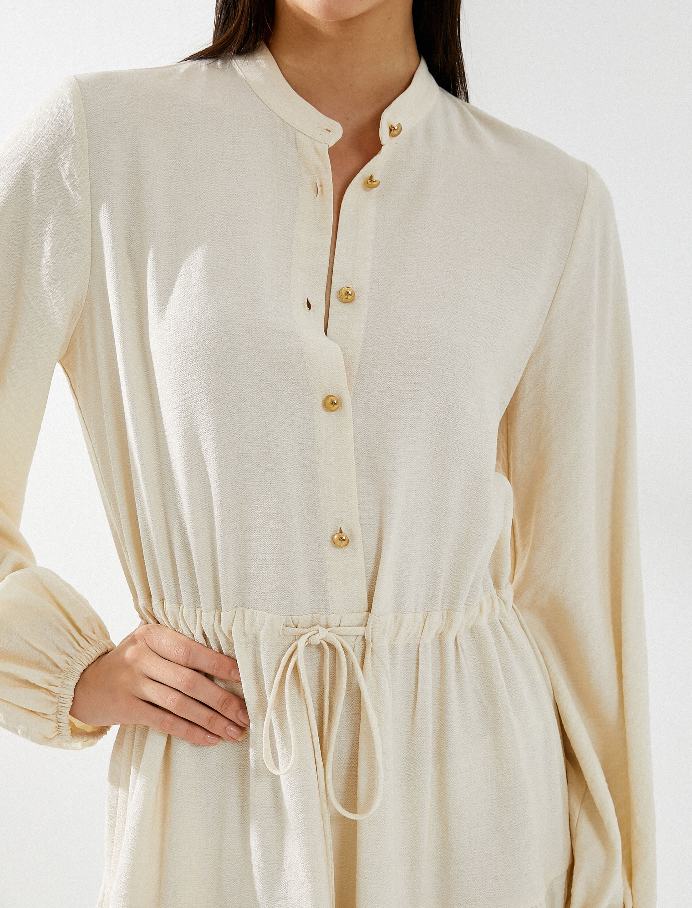   Midi Gömlek Elbise Hakim Yaka Uzun Kollu Düğmeli