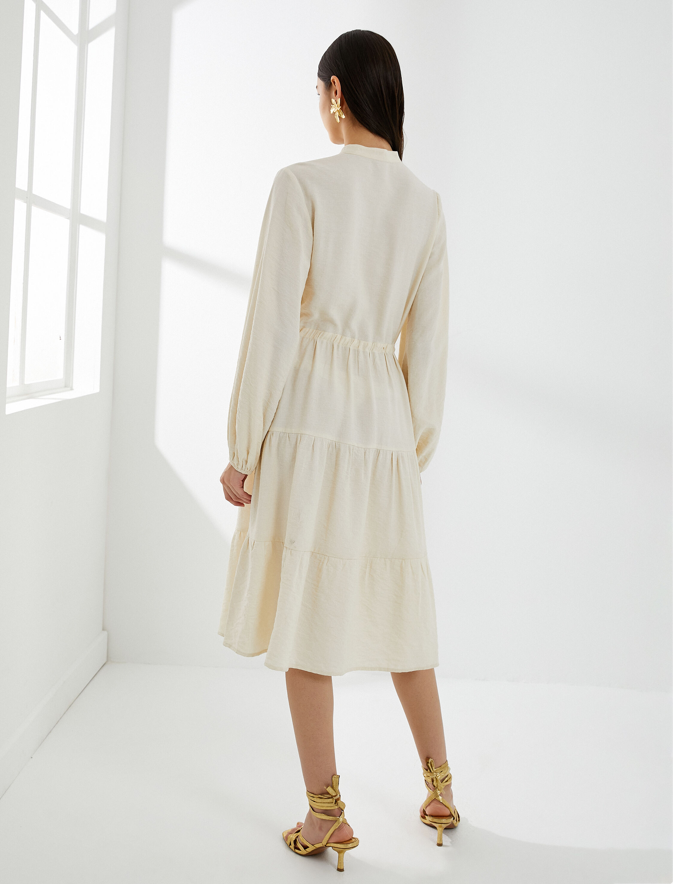   Midi Gömlek Elbise Hakim Yaka Uzun Kollu Düğmeli