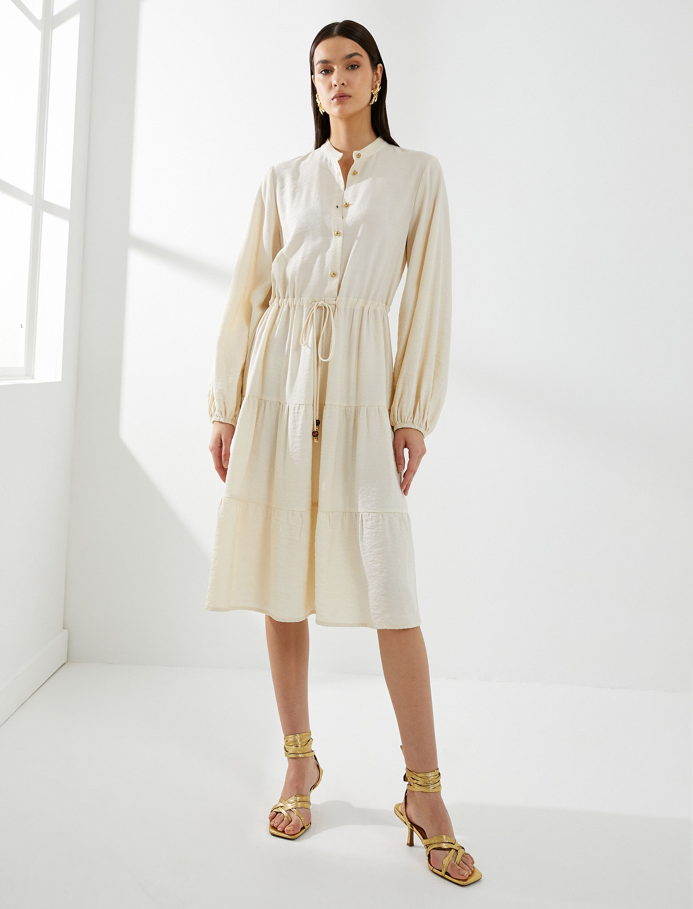   Midi Gömlek Elbise Hakim Yaka Uzun Kollu Düğmeli