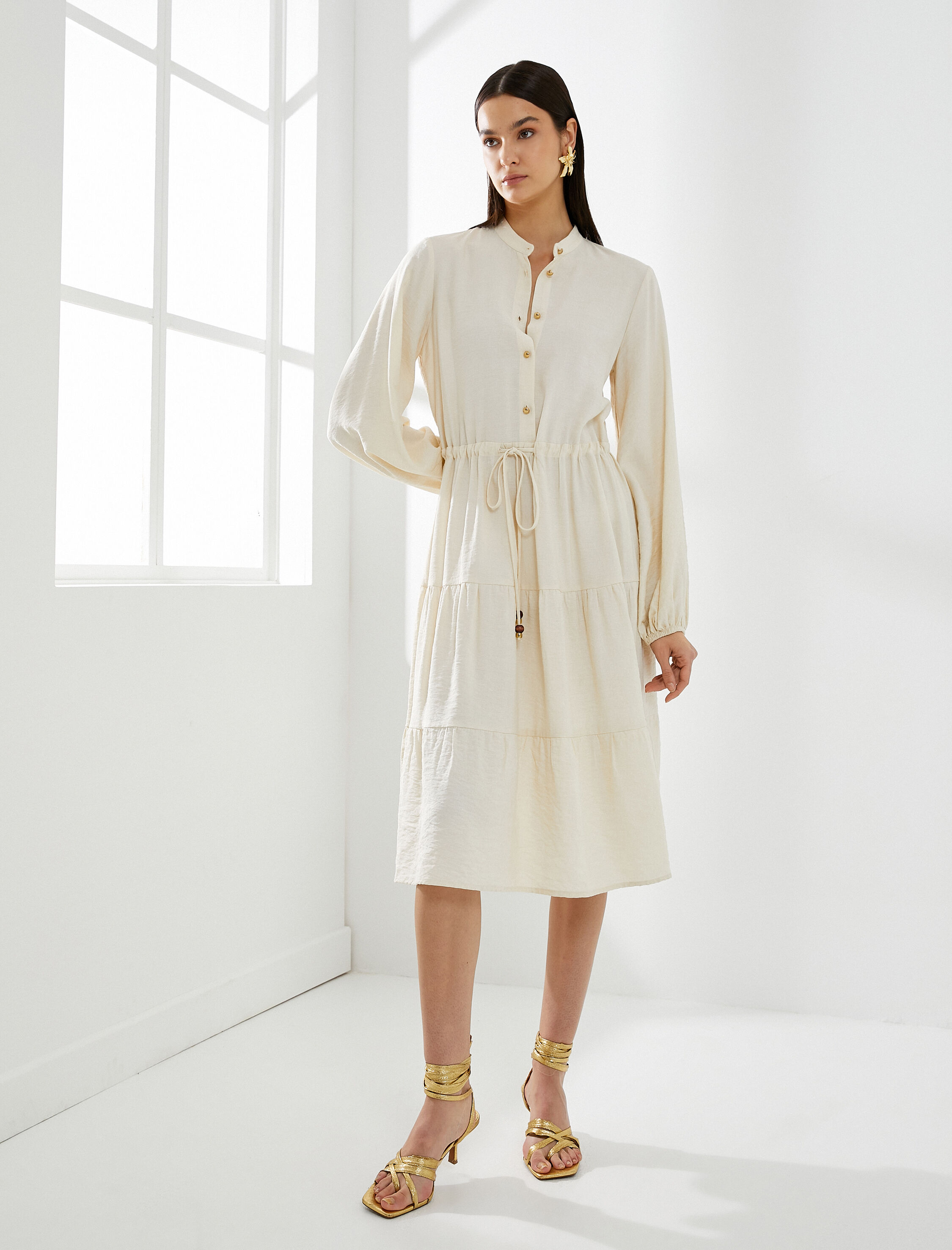   Midi Gömlek Elbise Hakim Yaka Uzun Kollu Düğmeli