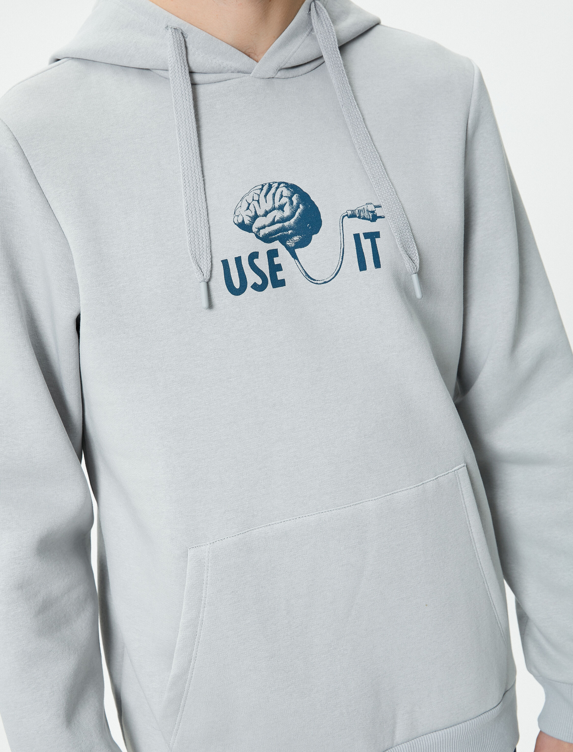   Arkası Baskılı Hoodie Sloganlı Kanguru Cepli Şardonlu