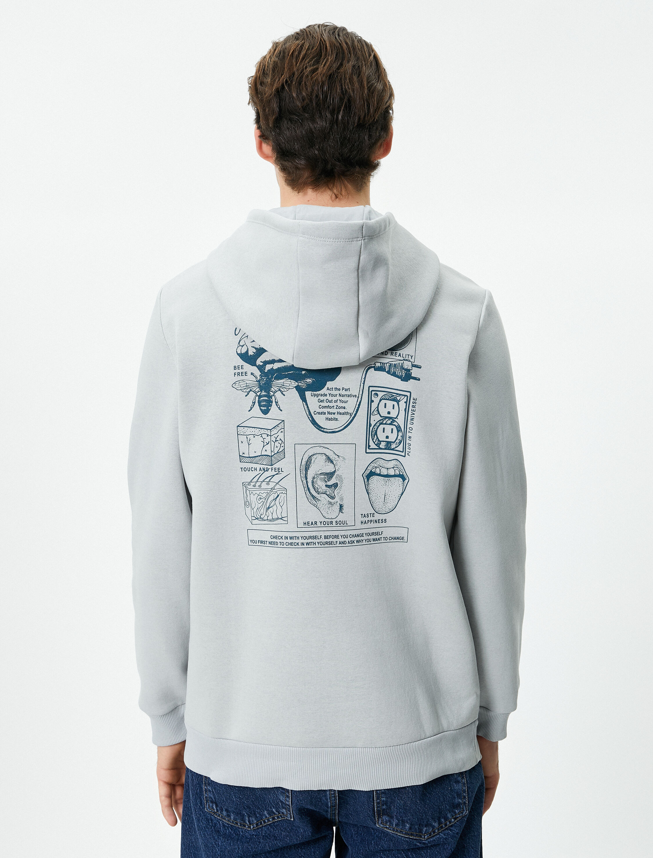   Arkası Baskılı Hoodie Sloganlı Kanguru Cepli Şardonlu