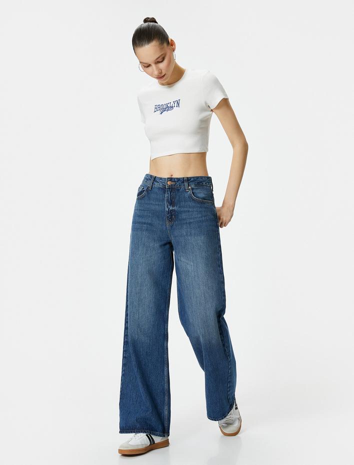  İşlemeli Crop Tişört Kısa Kollu Bisiklet Yaka