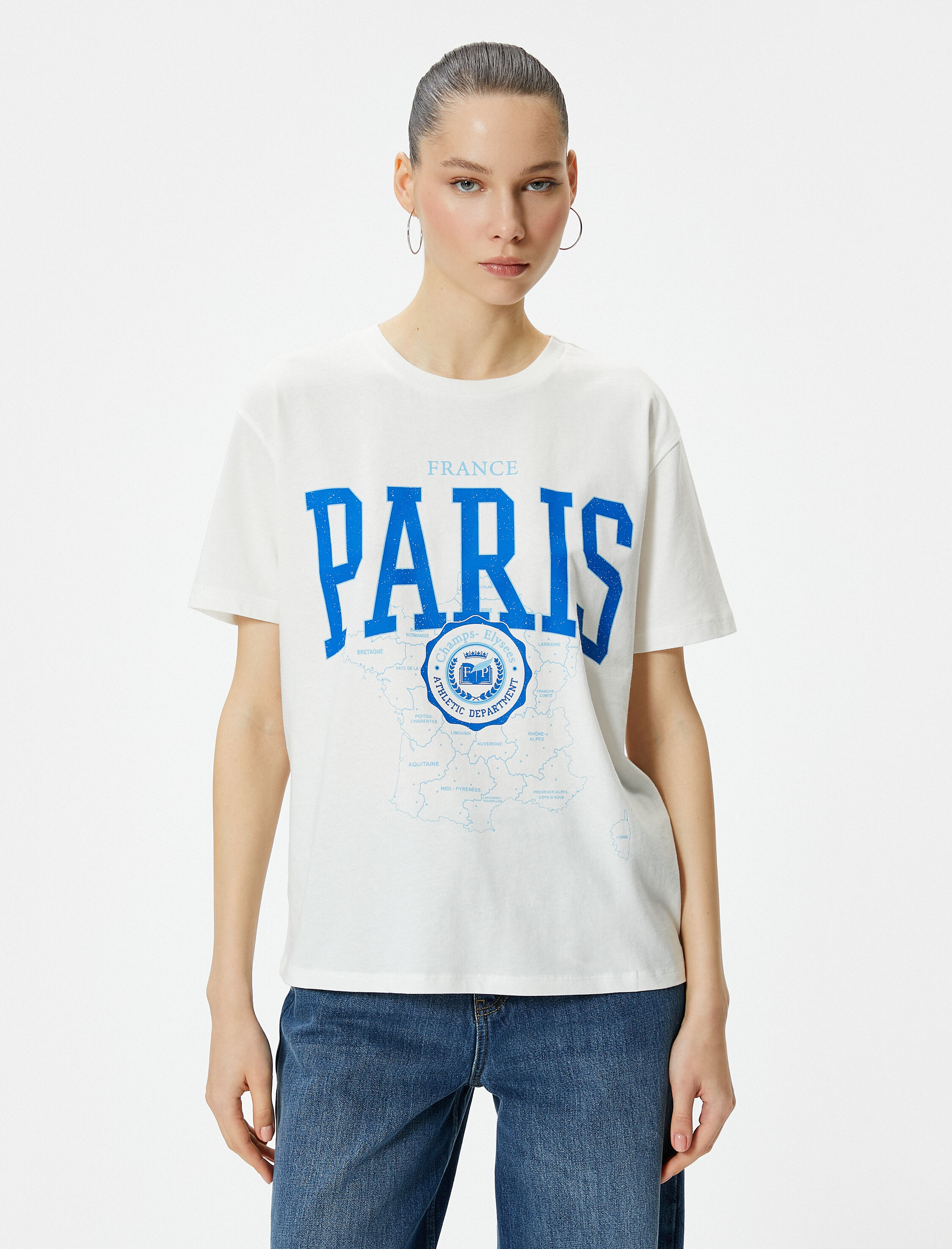   Baskılı Tişört Rahat Kalıp Kısa Kollu Bisiklet Yaka Pamuklu