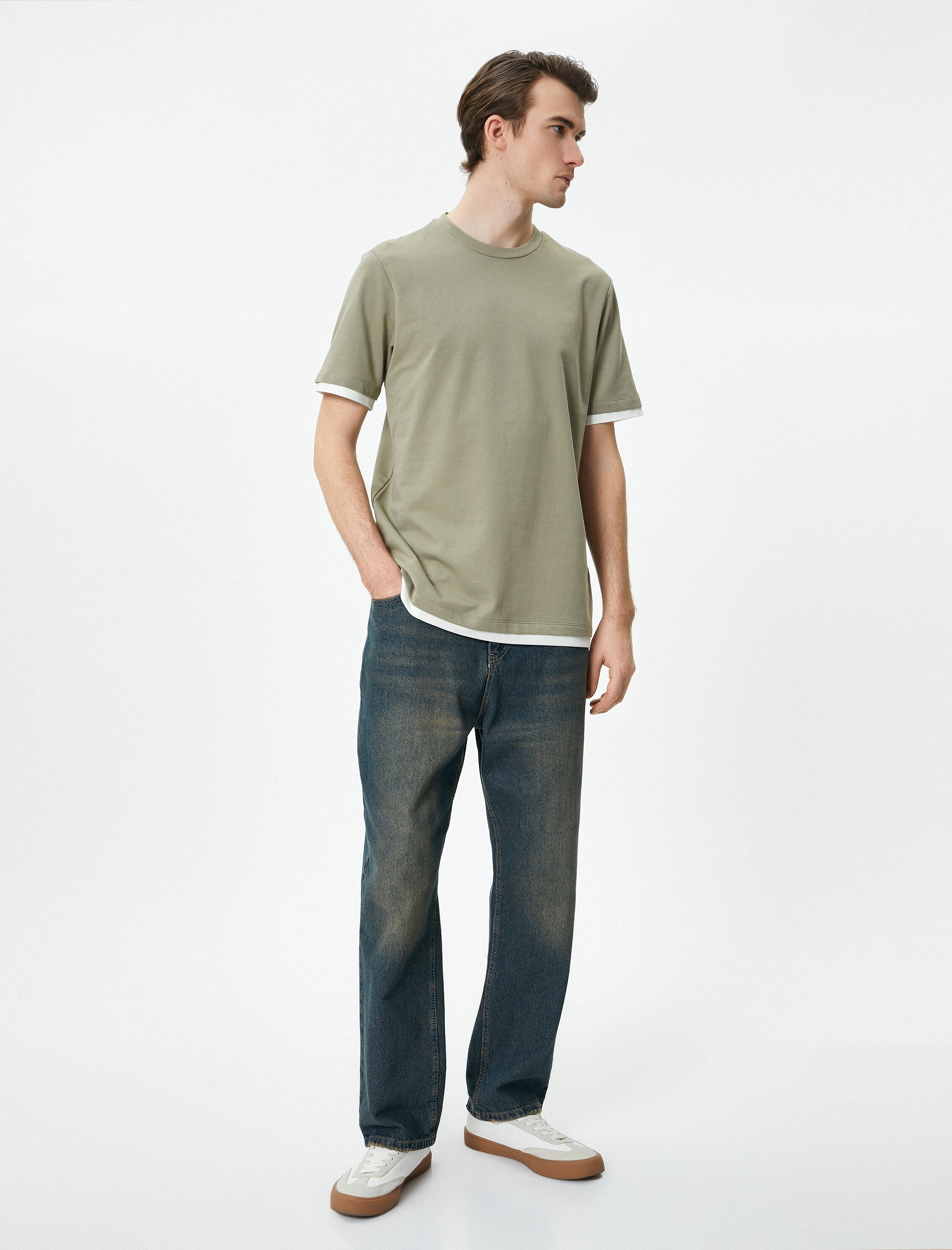   Bisiklet Yaka Tişört Kumaş Detaylı Kısa Kollu Pamuklu