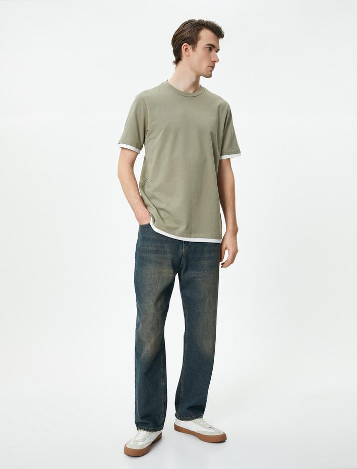  Bisiklet Yaka Tişört Kumaş Detaylı Kısa Kollu Pamuklu