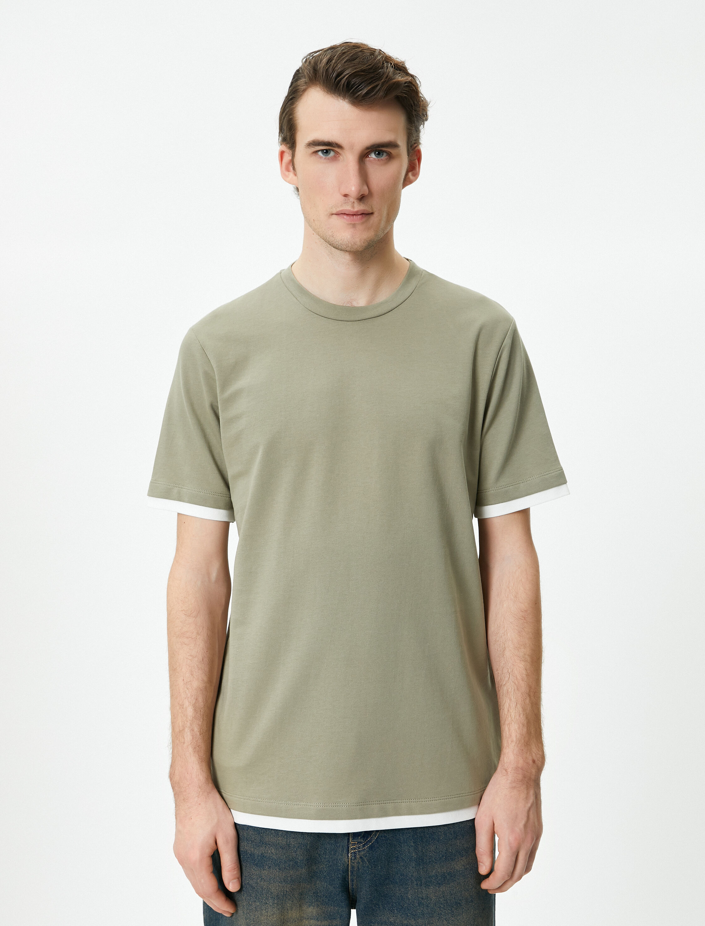   Bisiklet Yaka Tişört Kumaş Detaylı Kısa Kollu Pamuklu