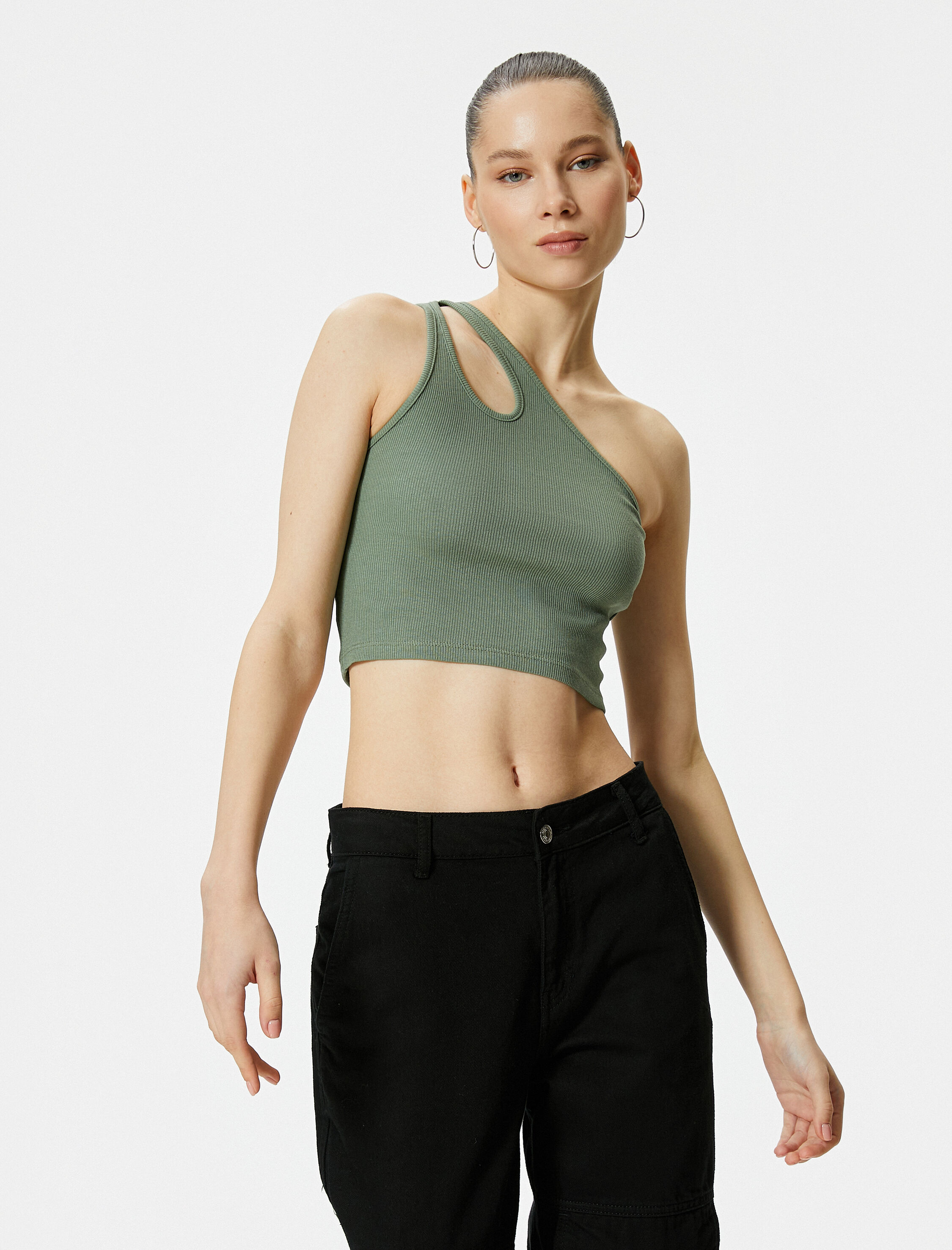   Tek Omuz Crop Atlet Pencere Detaylı Ribanalı Pamuklu