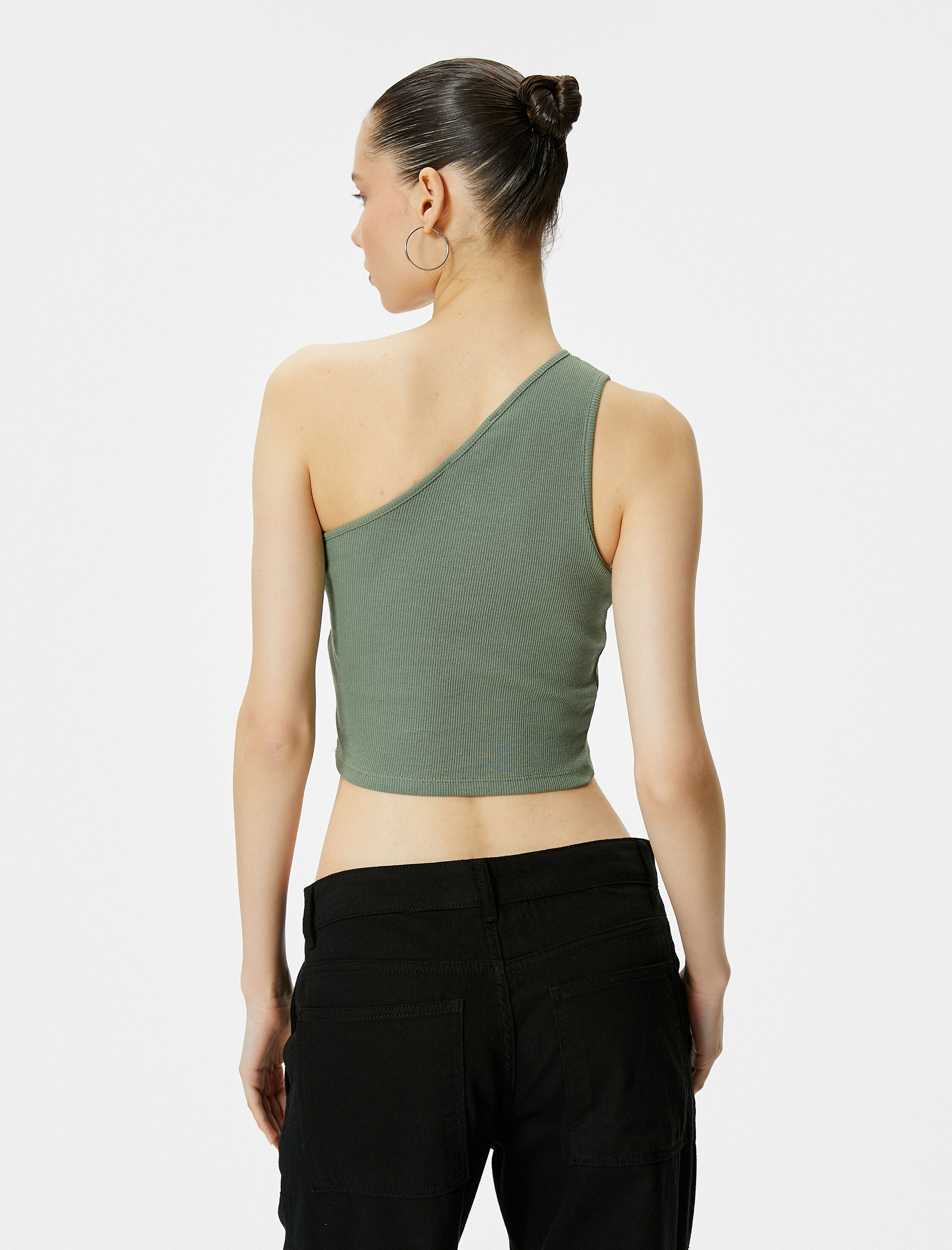   Tek Omuz Crop Atlet Pencere Detaylı Ribanalı Pamuklu