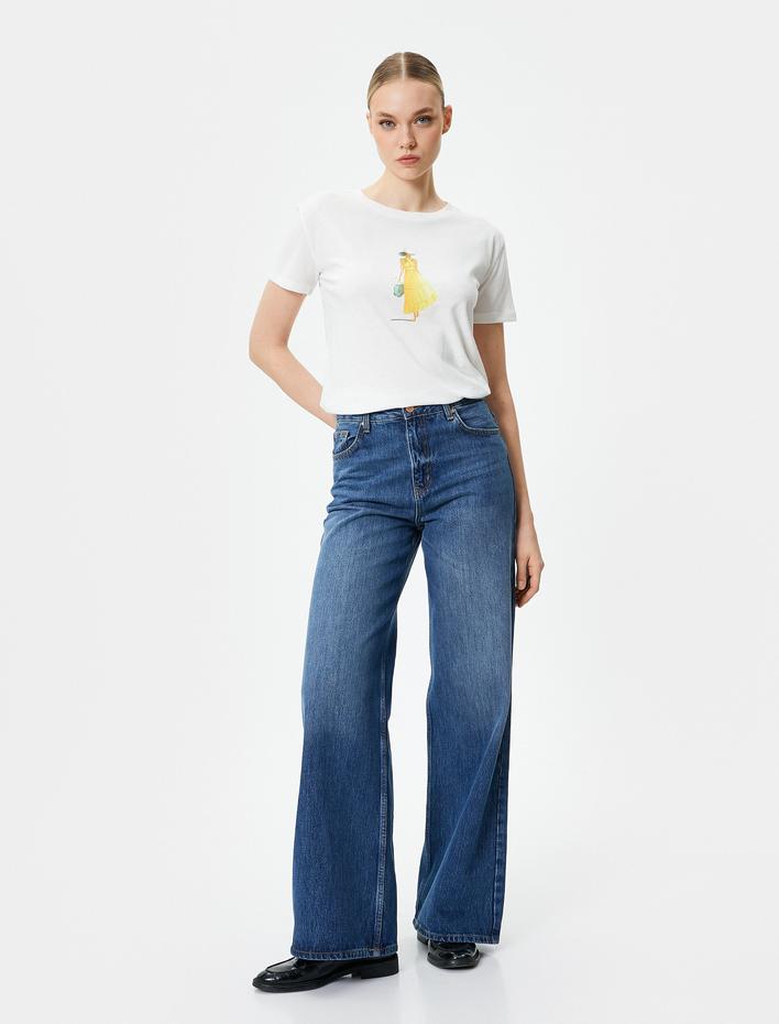  Baskılı Tişört Bisiklet Yaka Kısa Kollu Pamuklu