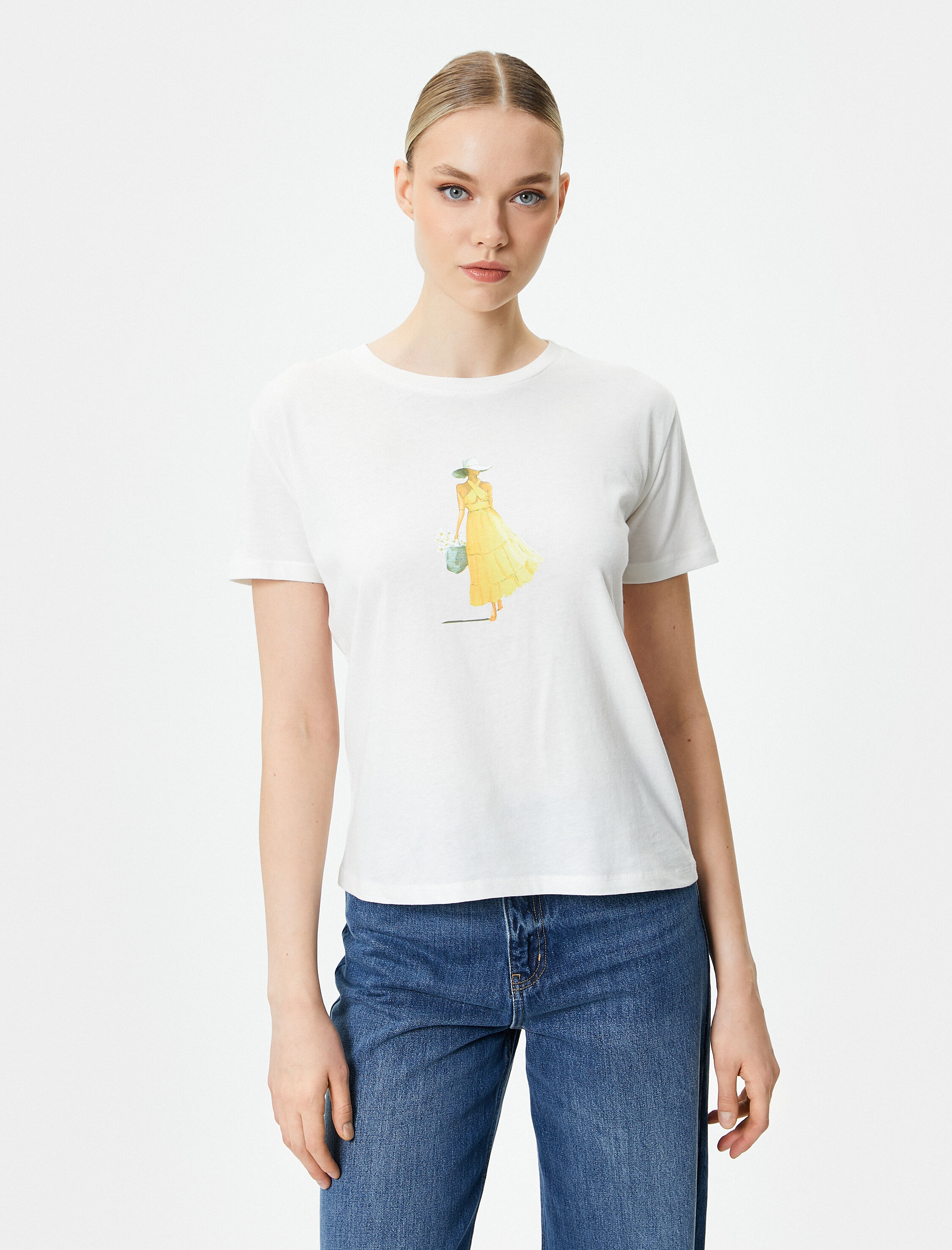   Baskılı Tişört Bisiklet Yaka Kısa Kollu Pamuklu