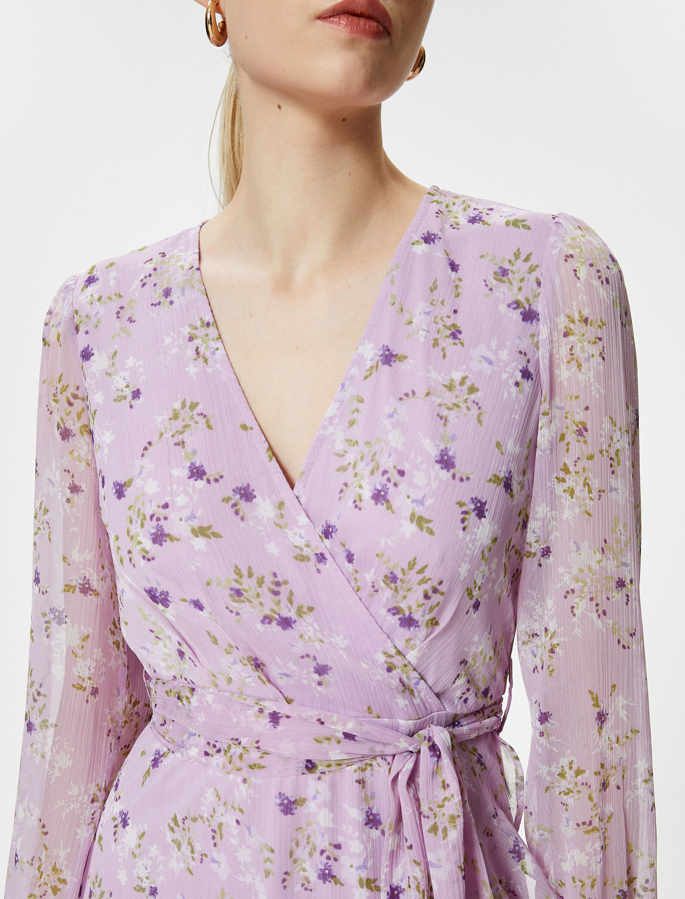   Volanlı Elbise Şifon Çiçekli V Yaka Bağlama Detaylı Yırtmaçlı