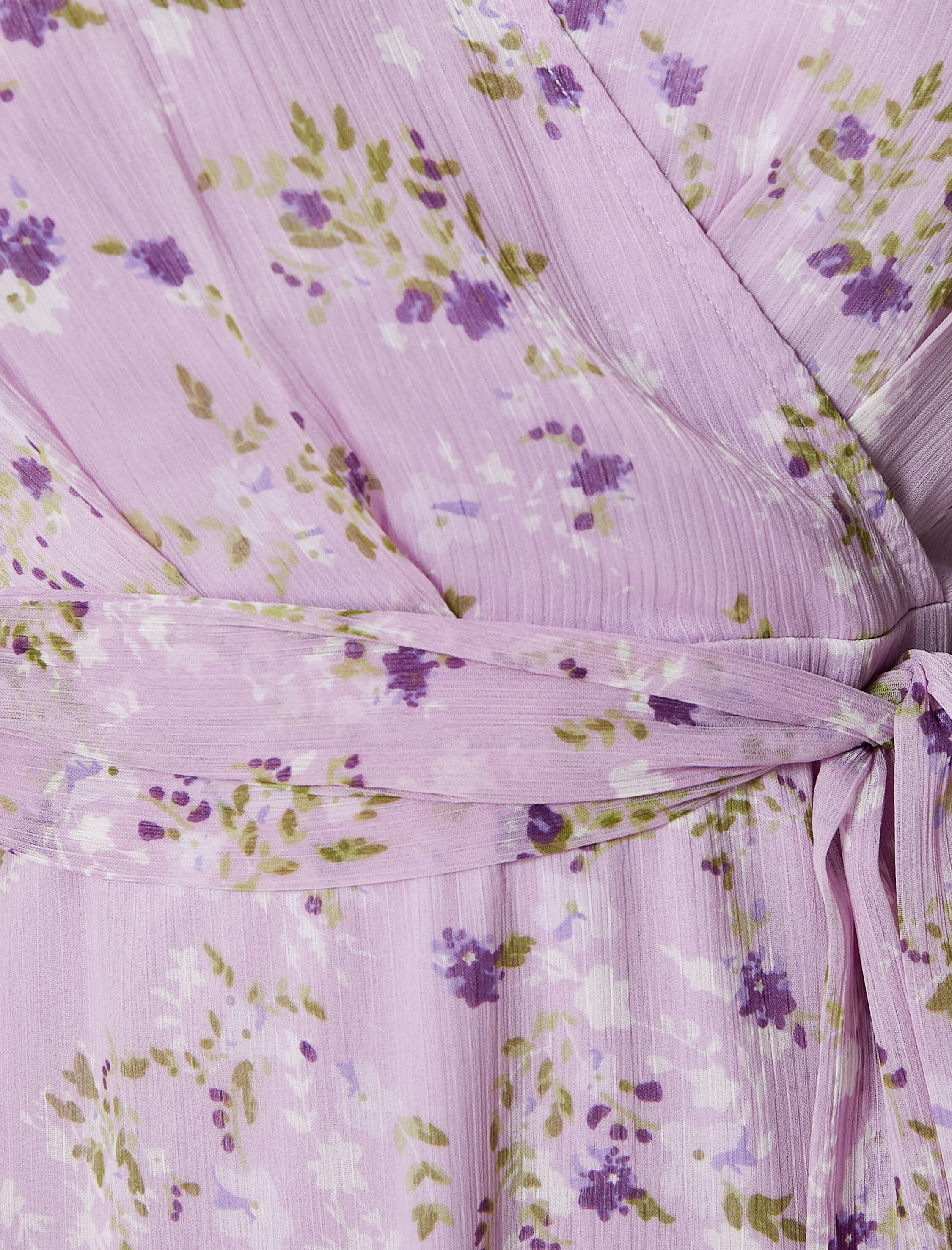   Volanlı Elbise Şifon Çiçekli V Yaka Bağlama Detaylı Yırtmaçlı