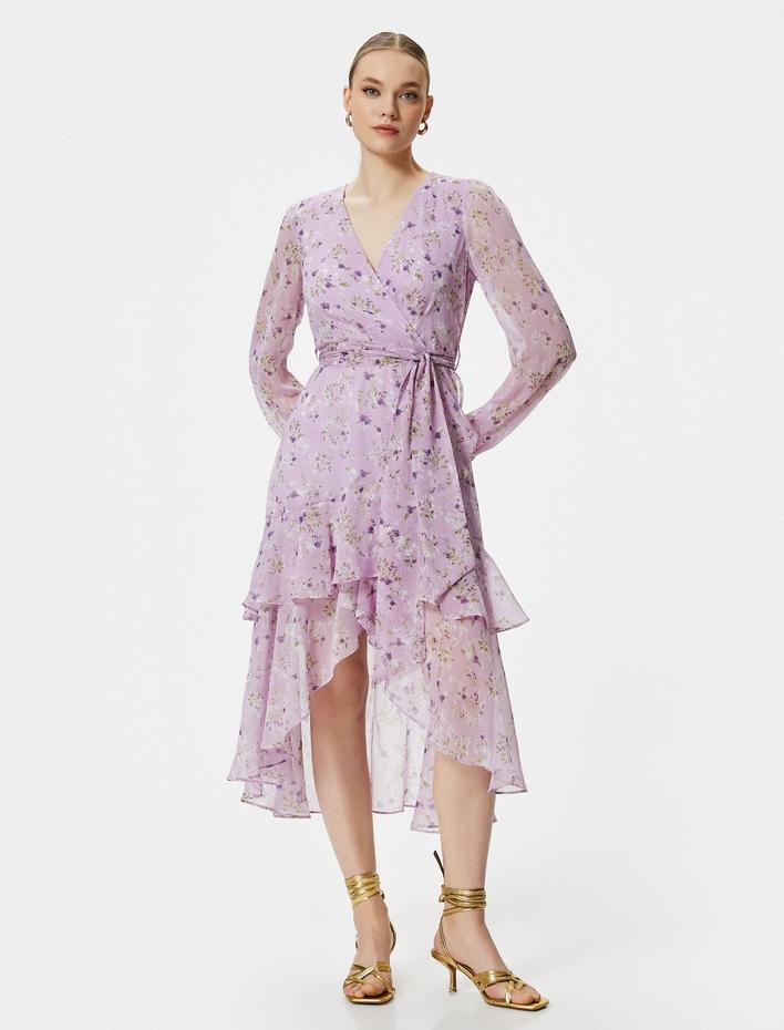  Volanlı Elbise Şifon Çiçekli V Yaka Bağlama Detaylı Yırtmaçlı