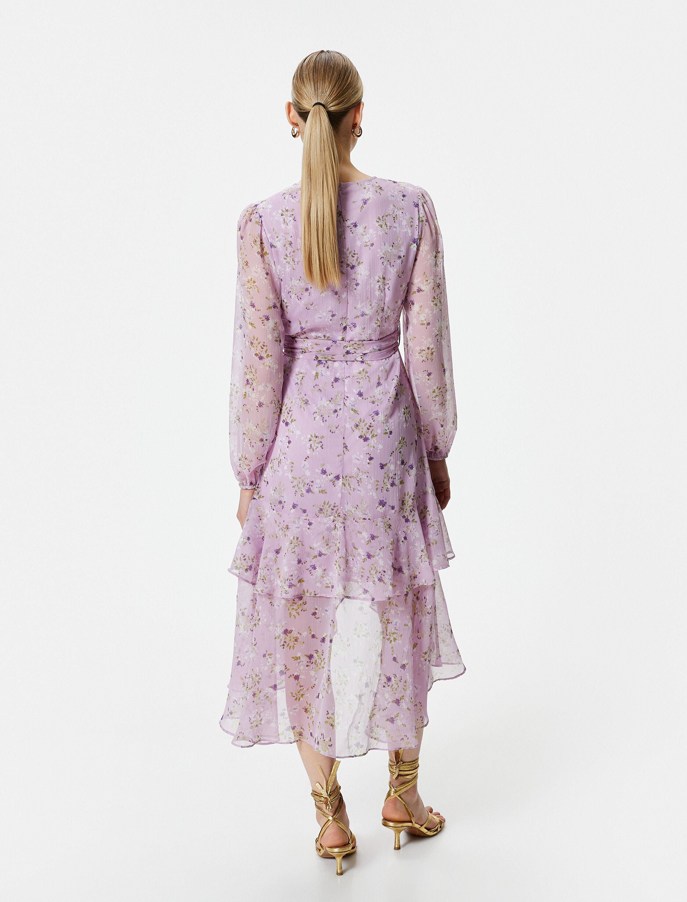   Volanlı Elbise Şifon Çiçekli V Yaka Bağlama Detaylı Yırtmaçlı