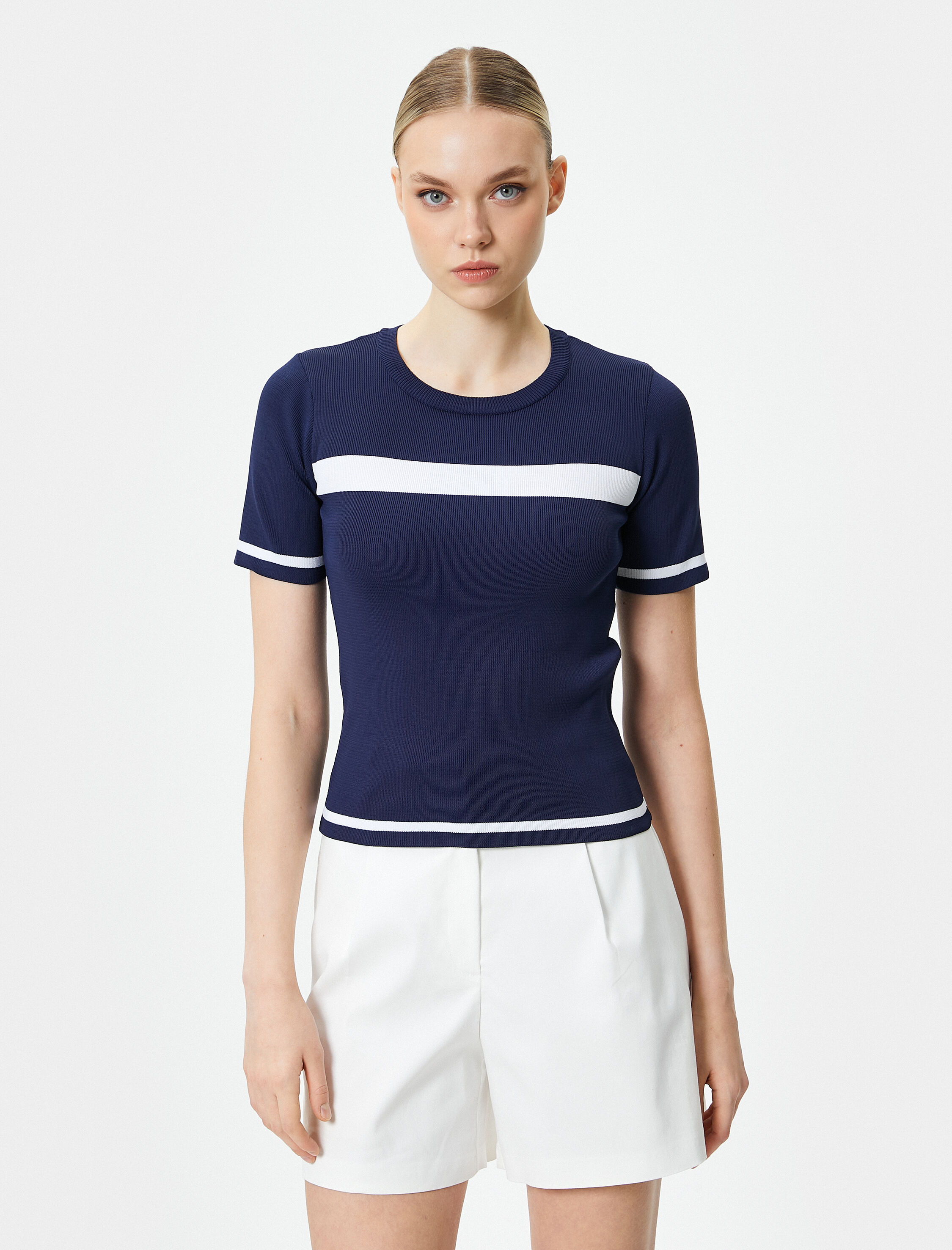   Kısa Kollu Kazak Triko Bisiklet Yaka Jakarlı