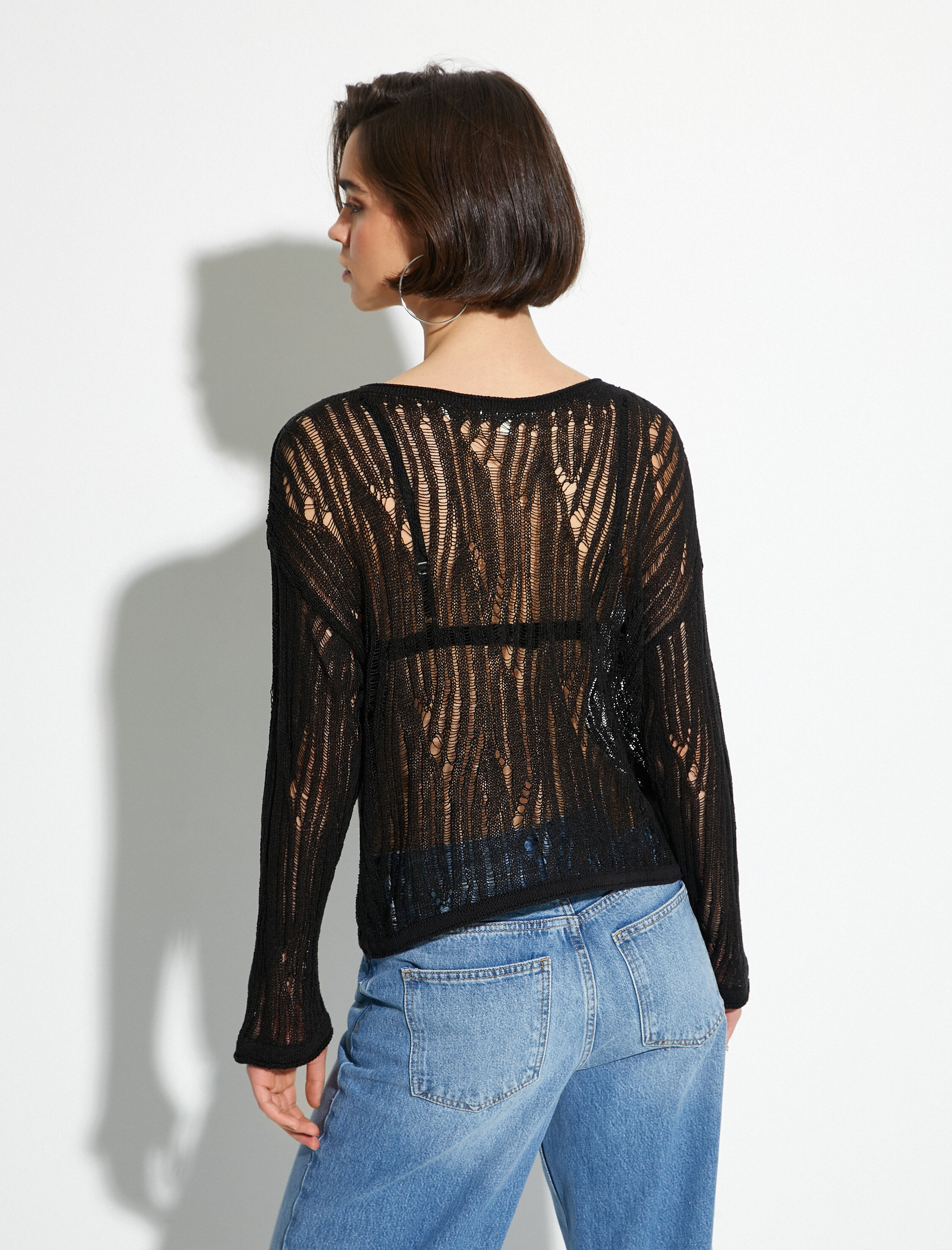   Ajurlu Kazak Kayık Yaka Düşük Omuz Detaylı Uzun Kollu